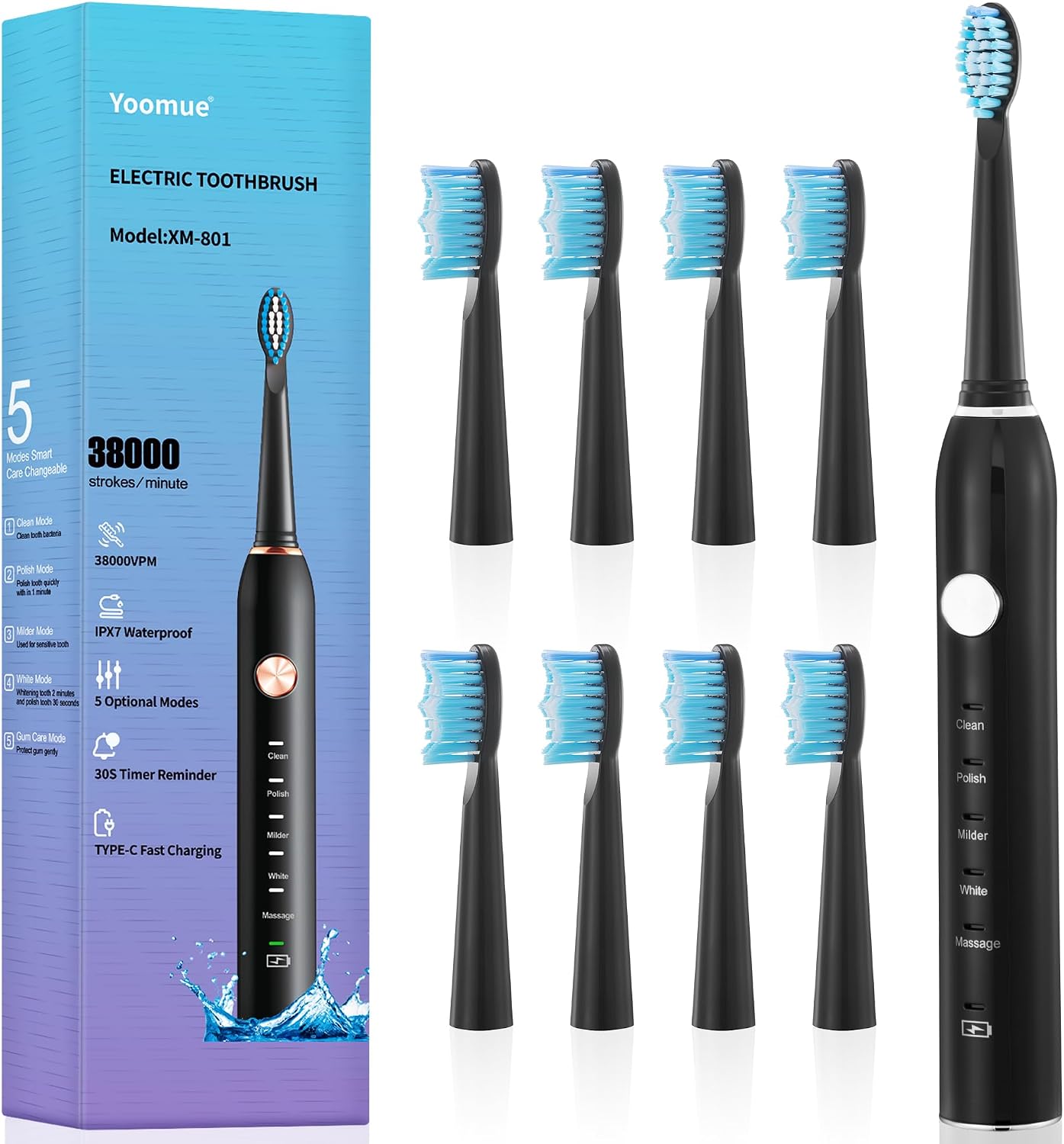 Detalle de Yoomue Sonic Electric Toothbrush (Adults & Kids) in Navy Blue with 8 Replacement Heads