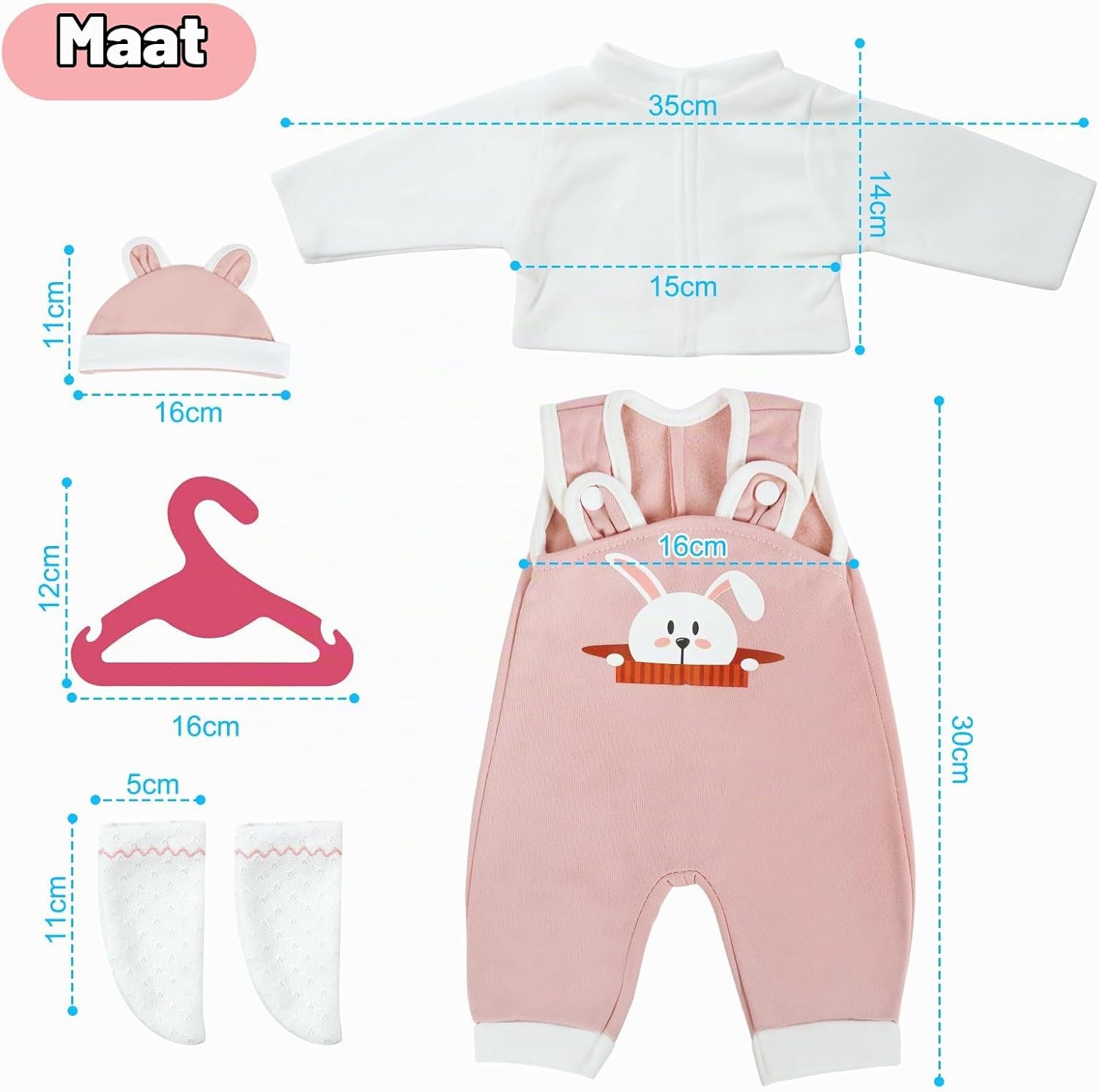 Thumbnail 2 de Aolso poppenkledingset voor babypoppen van 35-45 cm met roze konijnenhoed