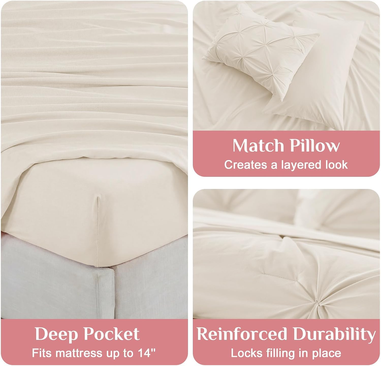 Detalle de JOLLYVOGUE Queen Comforter Set (7-Piece Bed in a Bag) - Pintuck Design, Beige