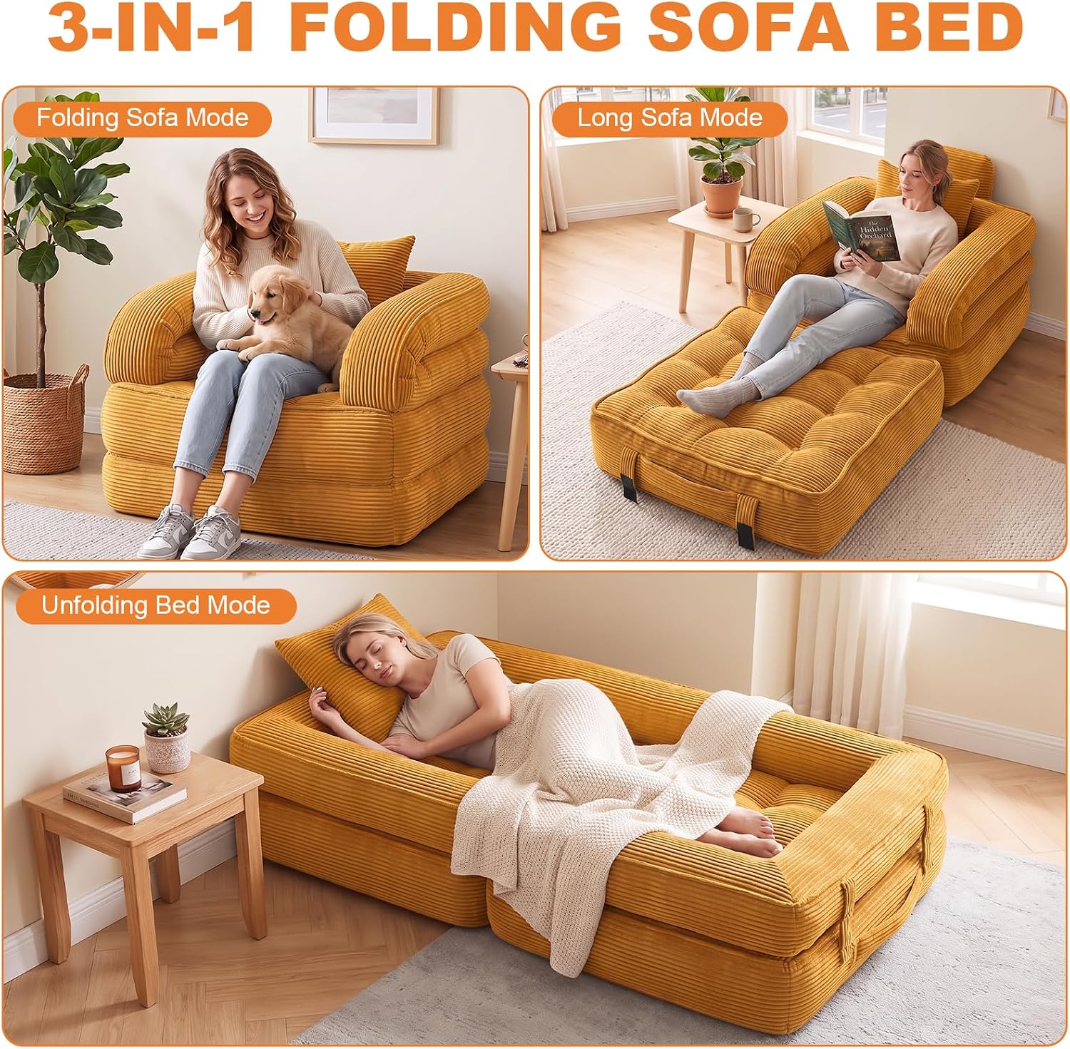 Detalle de CUBIOU Y8022-Orange 3-in-1 Corduroy Folding Sofa Bed