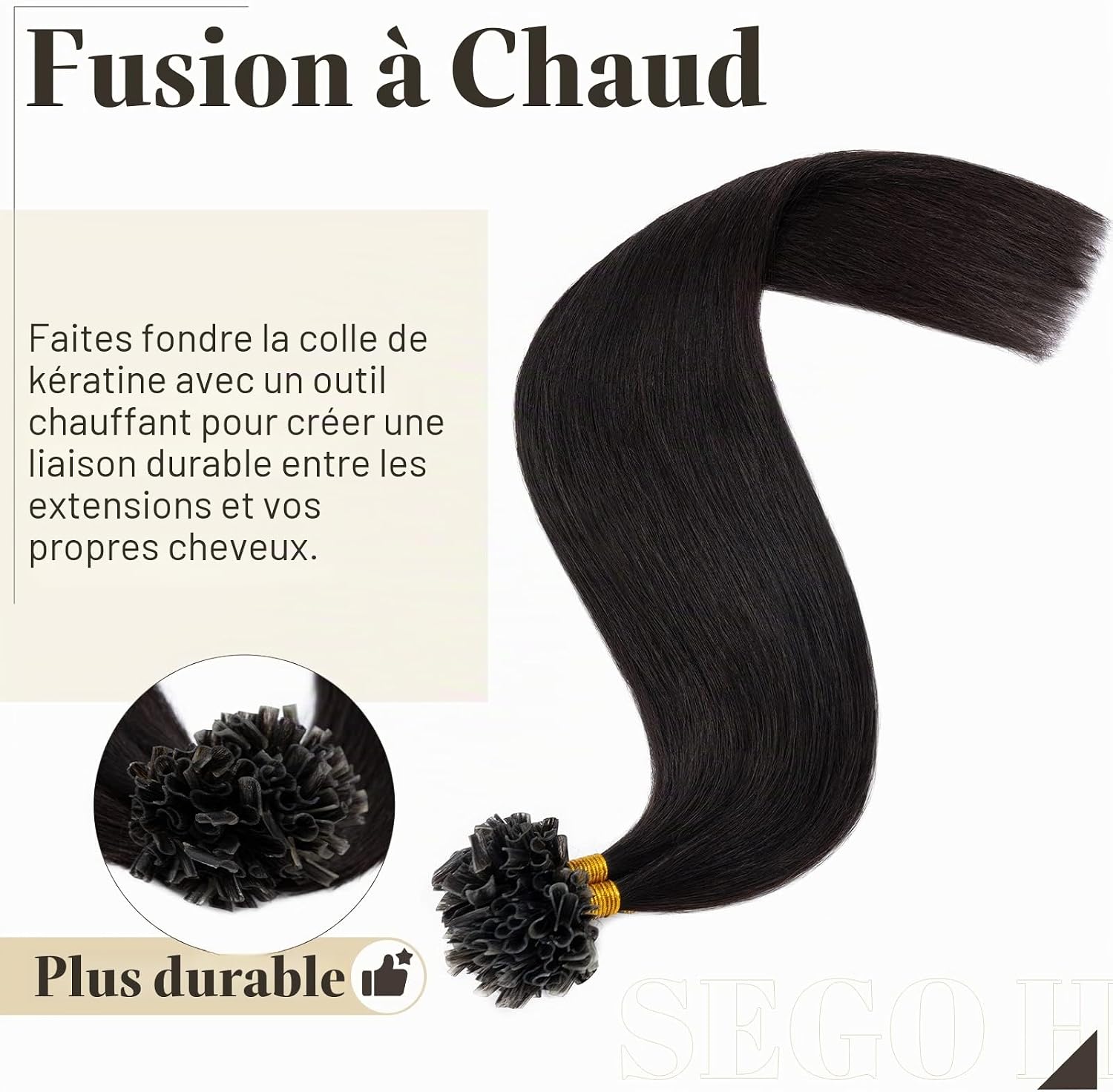 Detalle de SEGO Extension Kératine Cheveux Naturel à Chaud 0.5g/Mèche – 200 mèches, 40 cm, Brun Foncé