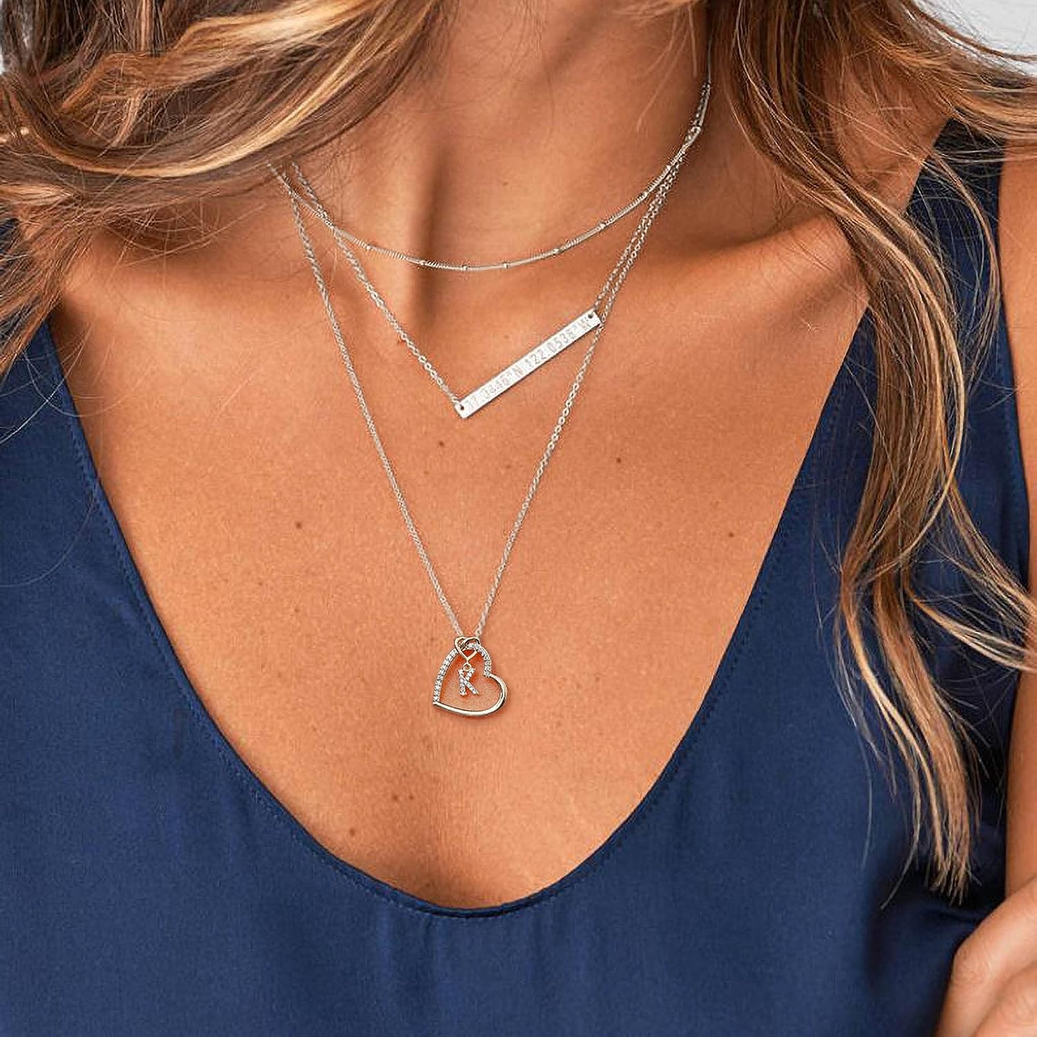 Detalle 2 de TINGN Chaîne en or et argent avec lettres — pendentif cœur, or 14 carats rempli de zircons cubic, pour femme et fille
