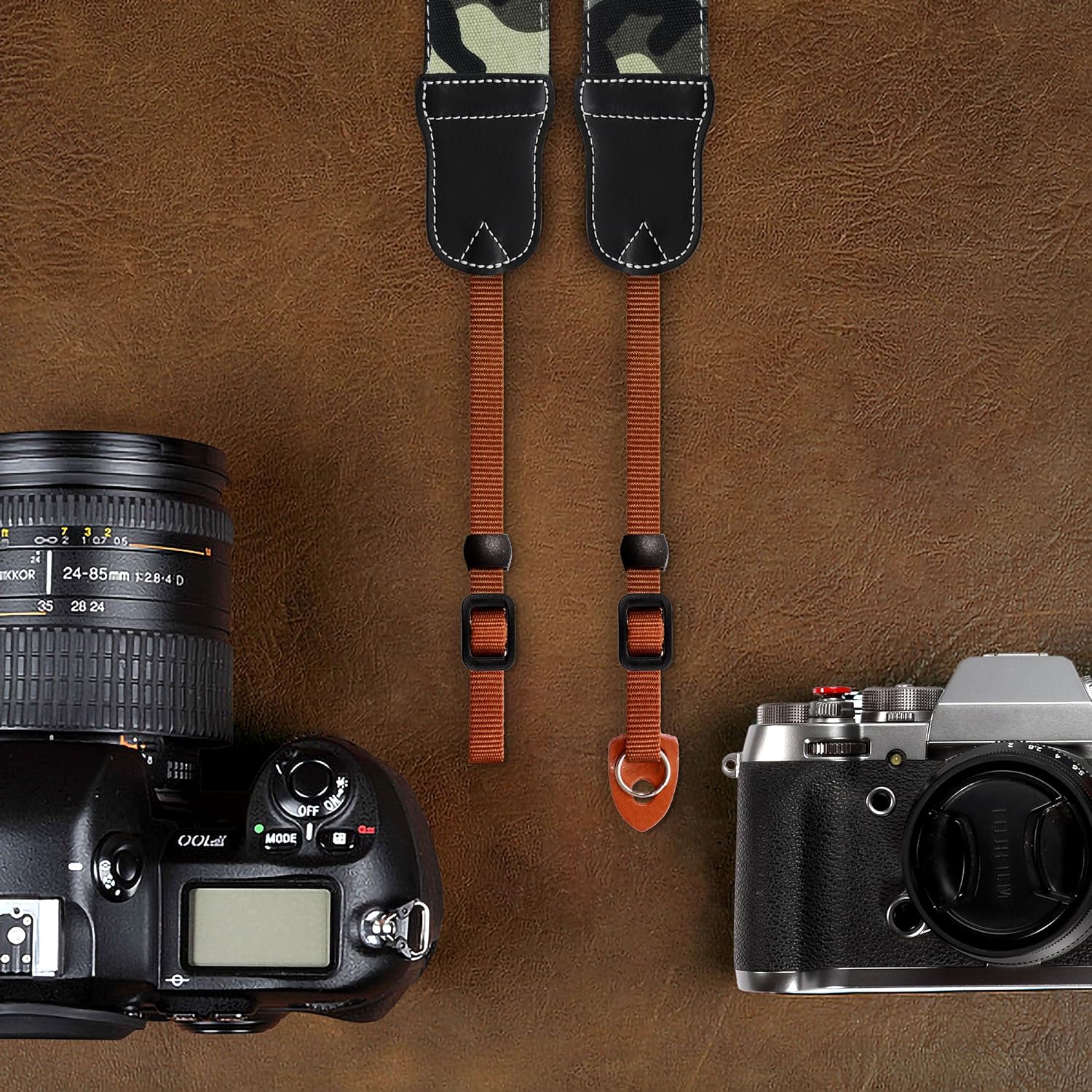 Detalle de Padwa Lifestyle Camouflage Camera Strap – 2" Wide Cowhide Ends, Vintage Embroidered Cotton Strap
