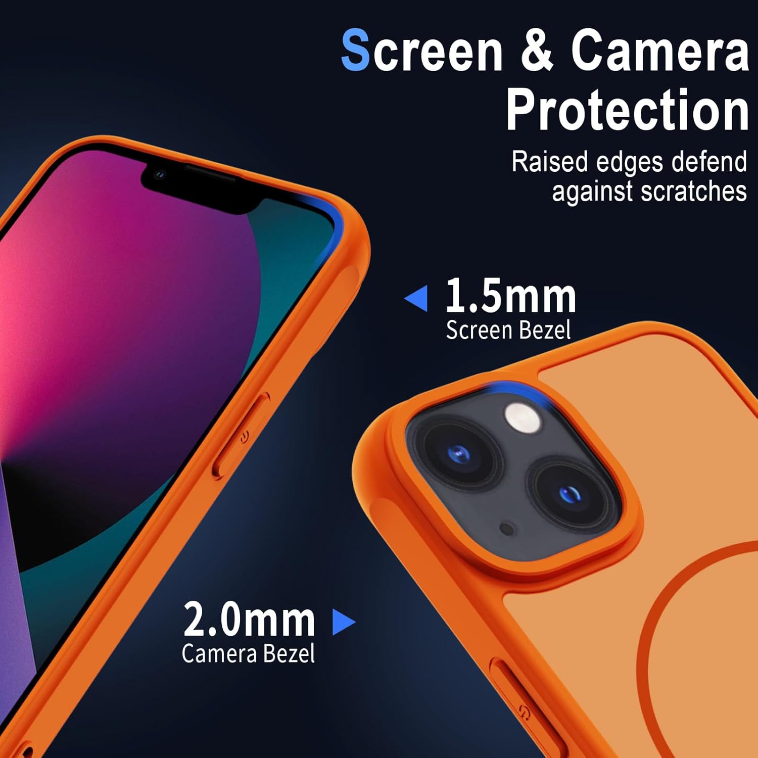 Detalle de XTCASE Coque Magnétique pour iPhone 13 — Dos translucide orange, bord TPU antichoc et bumper en aluminium