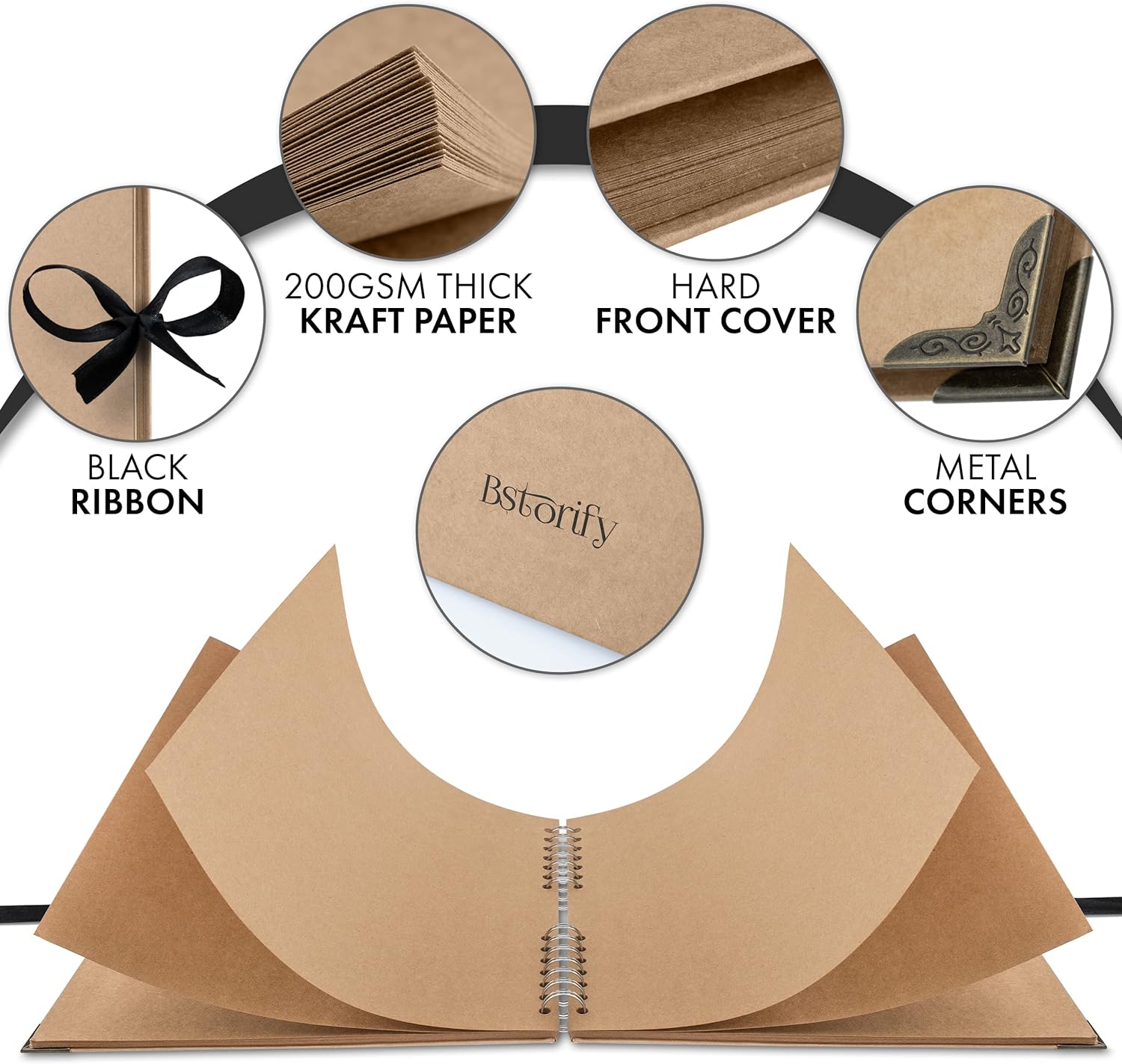 Thumbnail 2 de Bstorify Large Scrapbook 25.4 x 25.4 cm | 70 Pages Kraft Paper Memory Book with Ribbon Closure