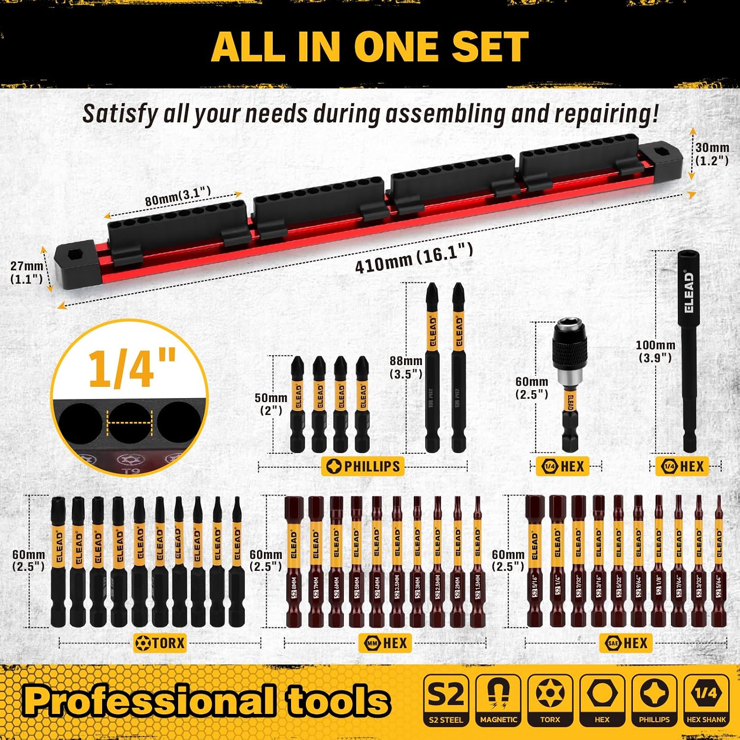 Detalle de ELEAD 70097 38-Piece Screwdriver Bit Set, S2 Steel, Magnetic Storage Rail