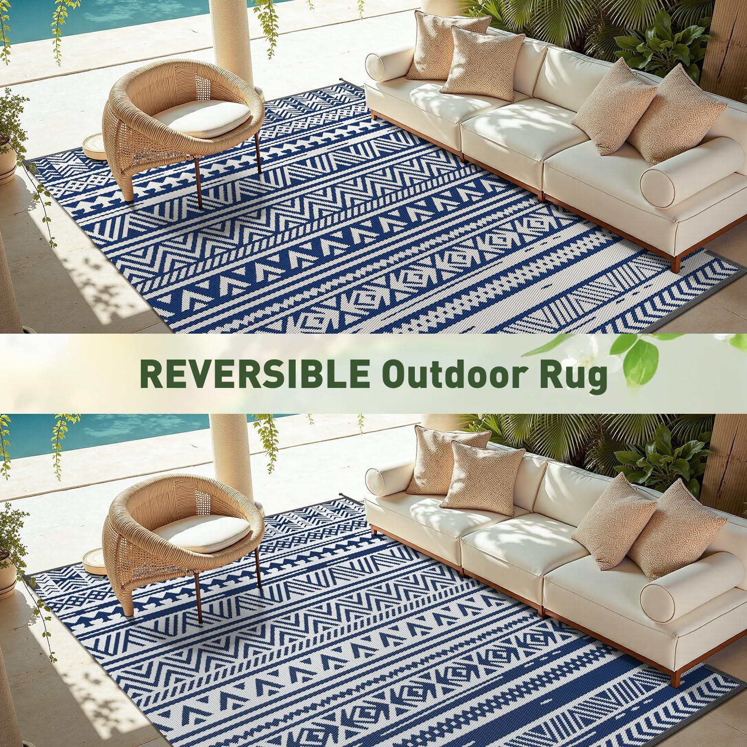 Thumbnail 6 de MontVoo-Outdoor Rug Carpet Waterproof 5x8 ft: Reversible, Durable Boho Navy Blue Patio Rug