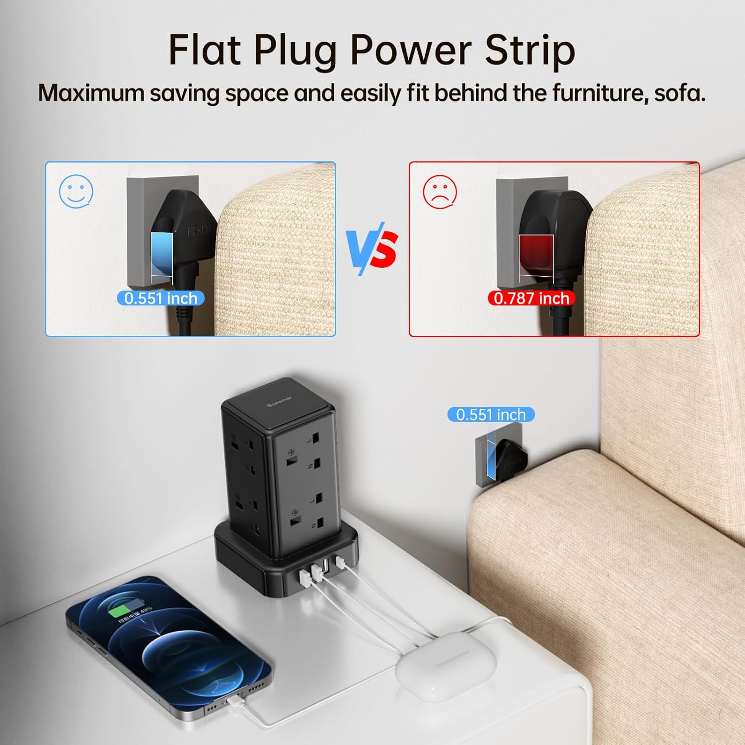 Detalle de Tower Extension Lead Surge Protector with 8 AC Outlets, 4 USB Ports and Switch (13A/3250W) – 2m