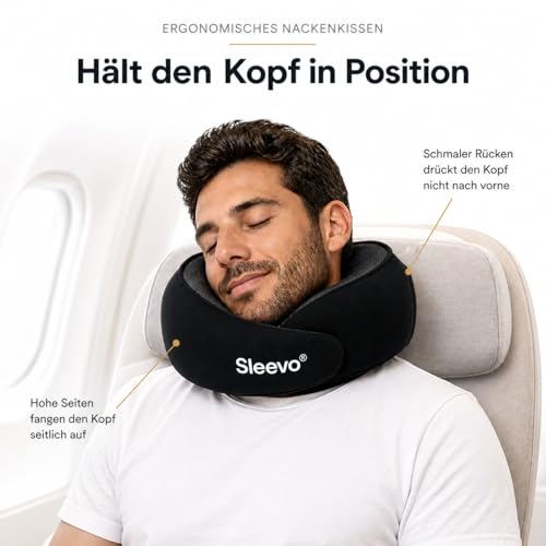 Detalle de Sleevo Pro Nackenkissen (L) fürs Flugzeug mit Kapuze, Memory-Schaum, Schwarz