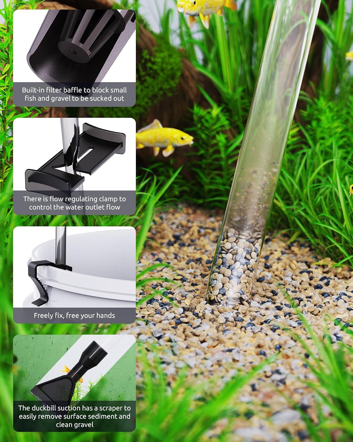 Thumbnail 4 de Aquarium Vacuum Gravel Cleaner Adjustable – 4-in-1 Manual Water Changer for Fish Tanks