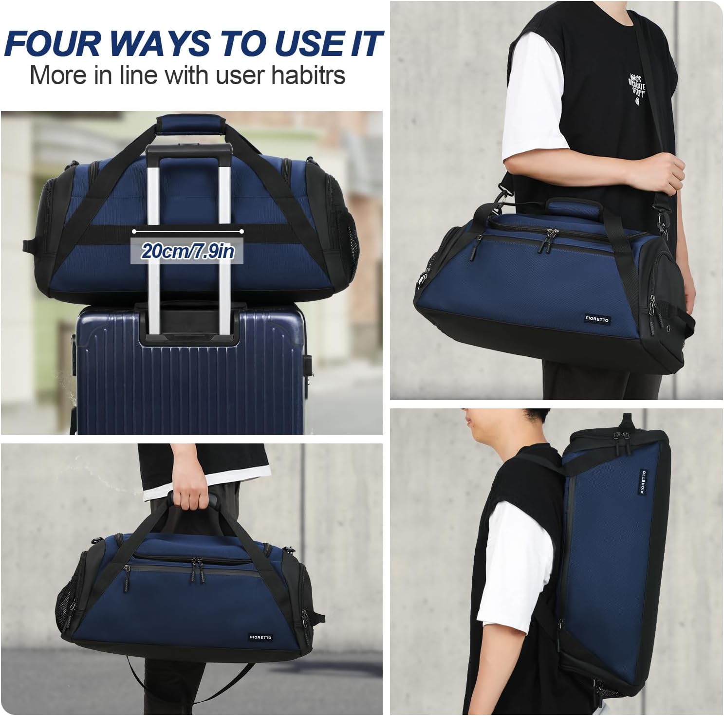 Detalle de FIORETTO Mens Sports Gym Bag with Wet Pocket & Shoe Compartment – a practical travel duffle with flexible carry options