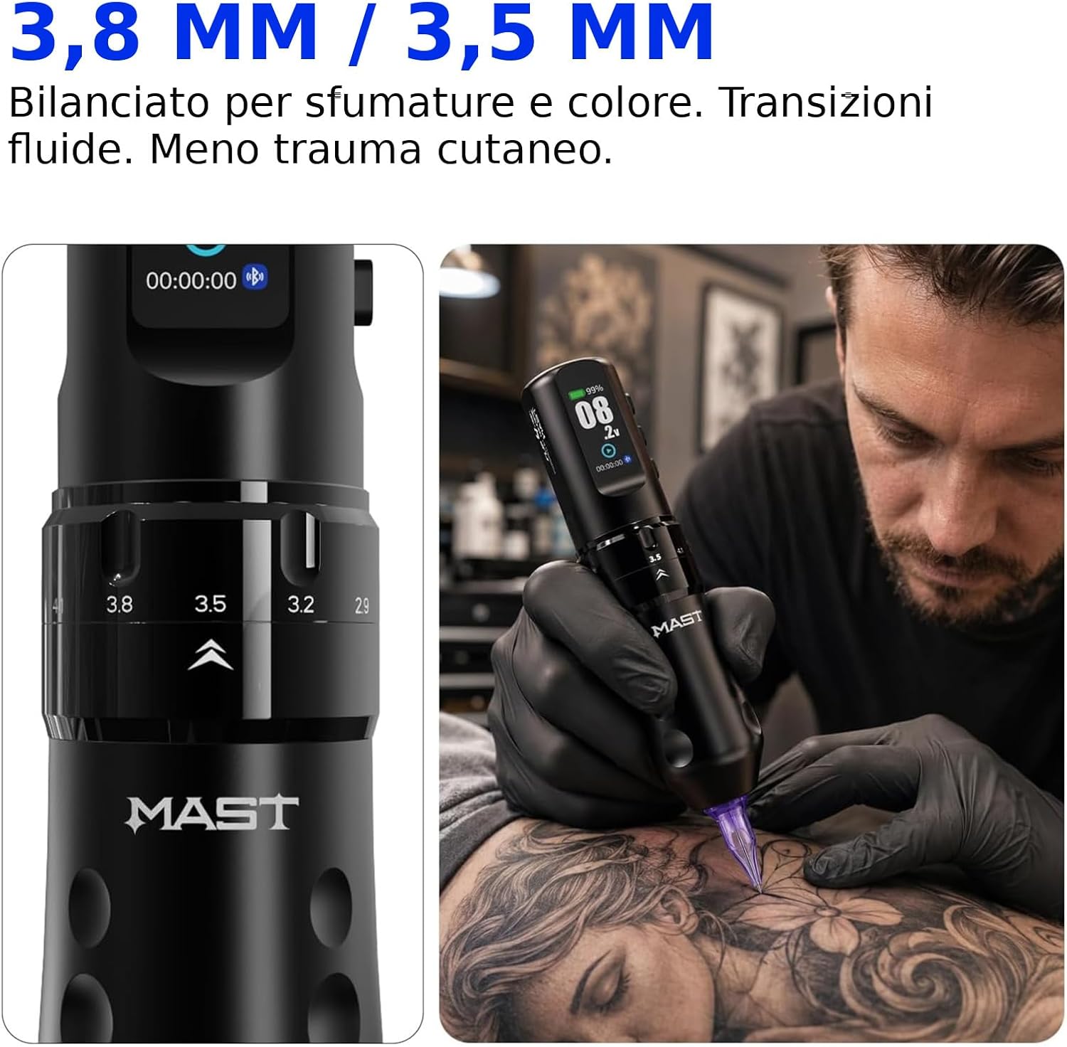 Detalle de Mast Tattoo Flip4 Pro macchina per tatuaggi senza fili, 7 corsa (2,5–4,5 mm) con batteria 2000 mAh