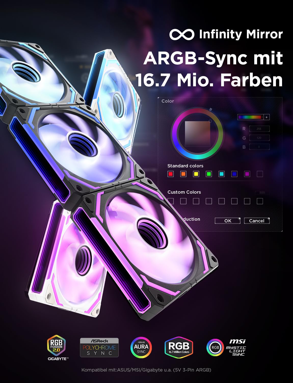 Detalle de AsiaHorse COSMIQ RGB PC Lüfter 120MM – 3er Set mit ARGB Daisy Chain und Infinity Mirror