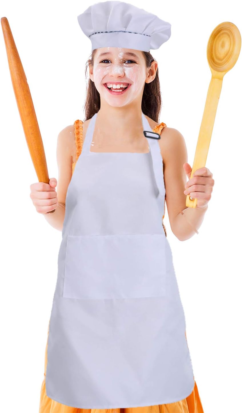 CWFUN Kids' White Apron and Chef Hat Set for 4–12 Years