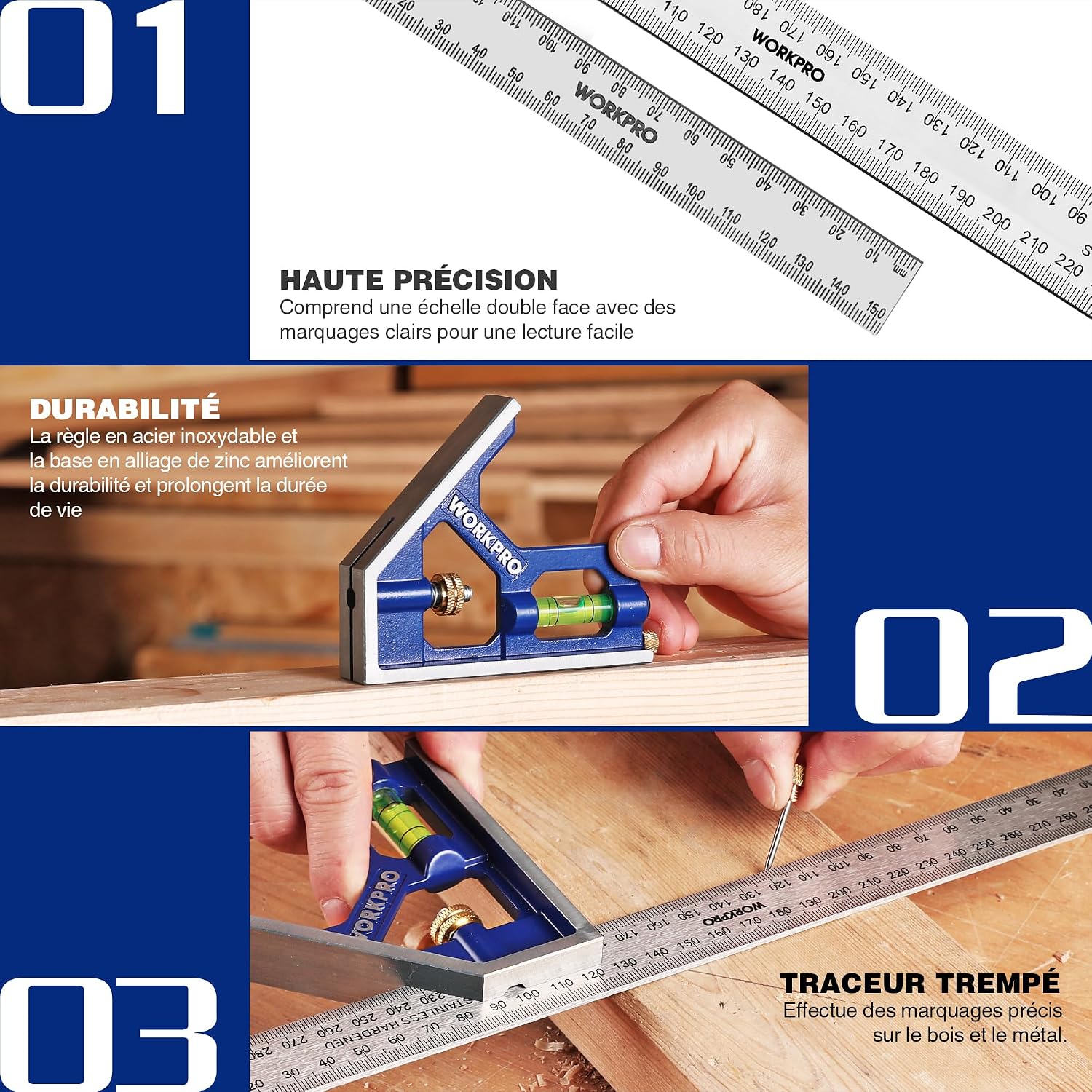 Detalle de WORKPRO 2 Pièces Règle d'angle de Combinaison 150/300 mm en Acier Inoxydable