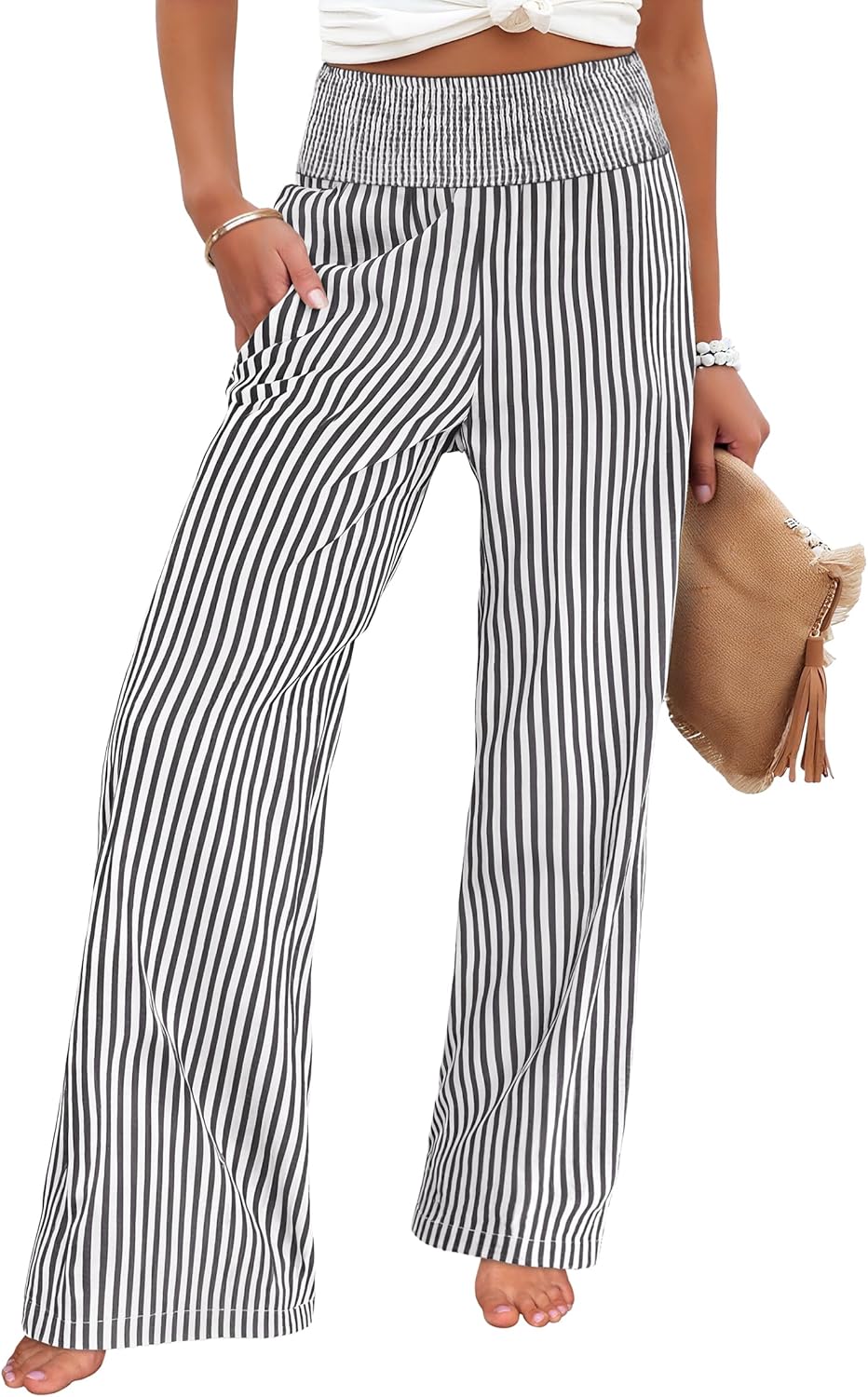Detalle de ANRABESS Palazzo Pants with Gingham Stripes: Wide-Leg, High-Waisted Lounge Pants with Pockets