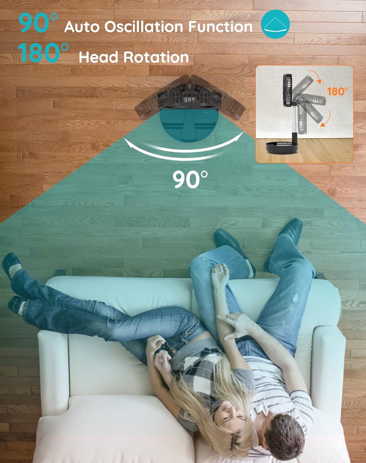 Thumbnail 2 de Primevolve Portable Oscillating Standing Fan with Remote – USB-C rechargeable desk/floor fan, 4 speeds, adjustable height