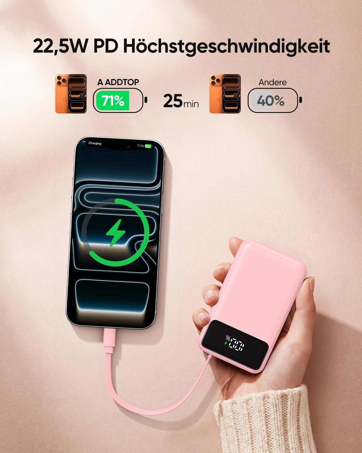 Detalle 2 de A ADDTOP 20000mAh Power Bank – Ultra kompakt mit 4 integrierten Kabeln und 22,5W Schnellladen, Rosa