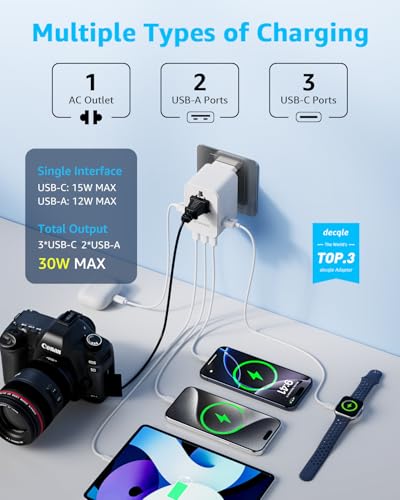 Detalle de decqle Adaptateur Prise Universelle avec 3 ports USB-C et 2 USB-A pour 224+ pays