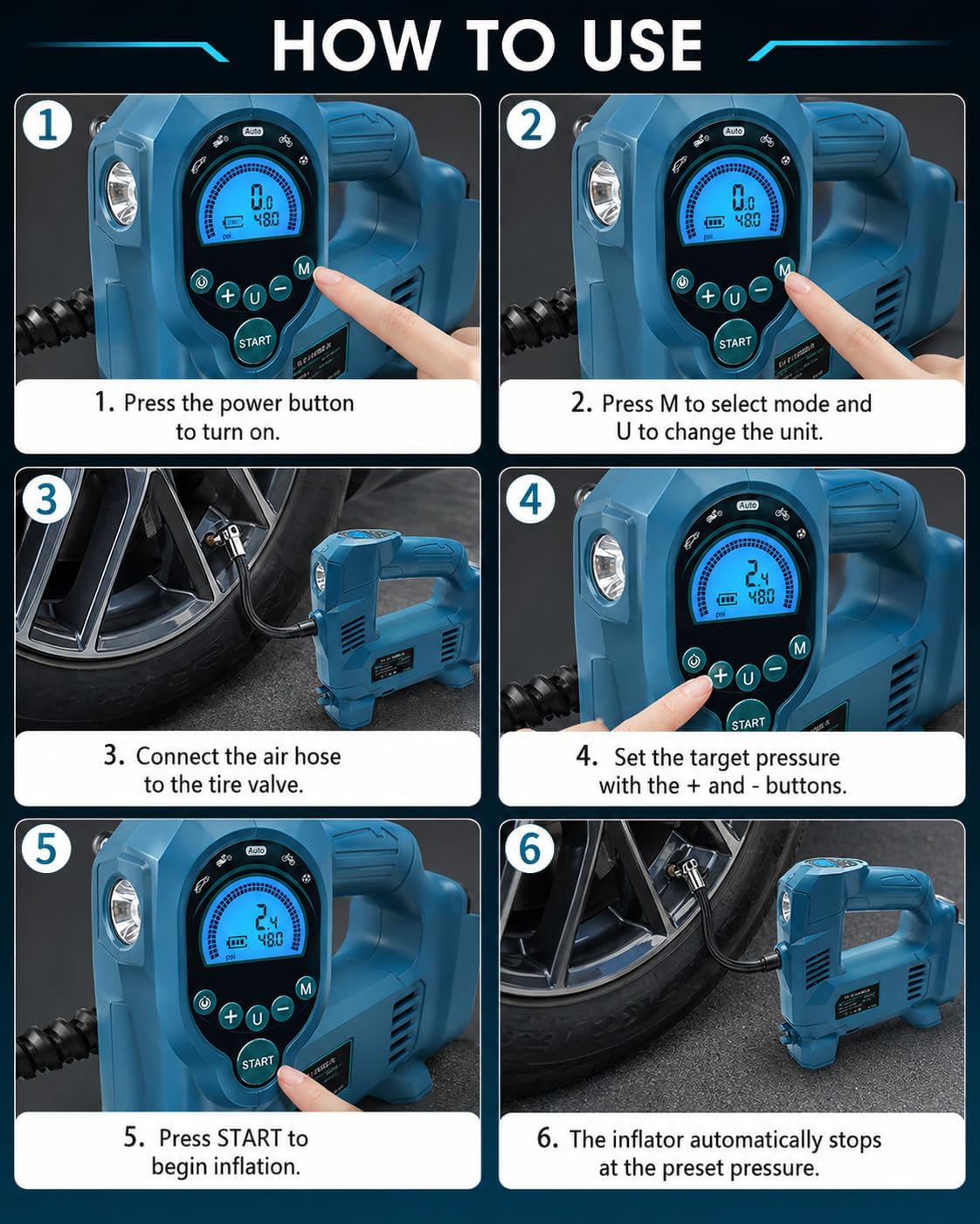 Thumbnail 6 de Waitley Tyre Inflator Air Compressor Cordless with 150 PSI — Makita 18V Battery Compatible