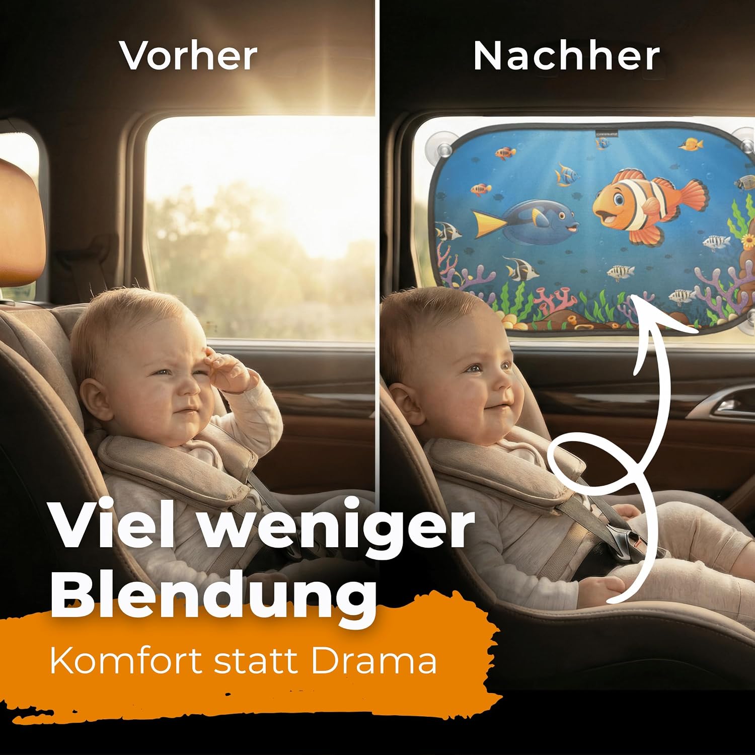 Thumbnail 2 de CARAMAZ Sonnenschutz Auto Baby – UV-Schutz 48 × 30 cm, 2 Stück mit Saugnäpfen, Motiv Orange-Neo