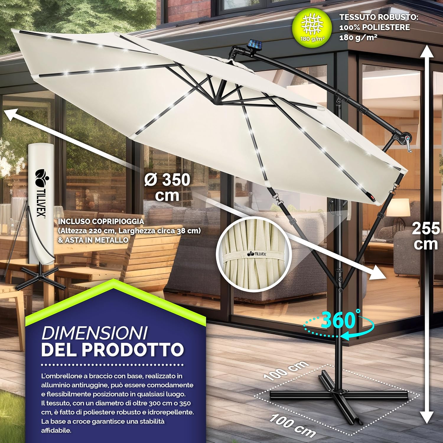 Thumbnail 4 de Tillvex Ombrellone da giardino LED solare Ø300 cm con manovella e base | Alluminio impermeabile