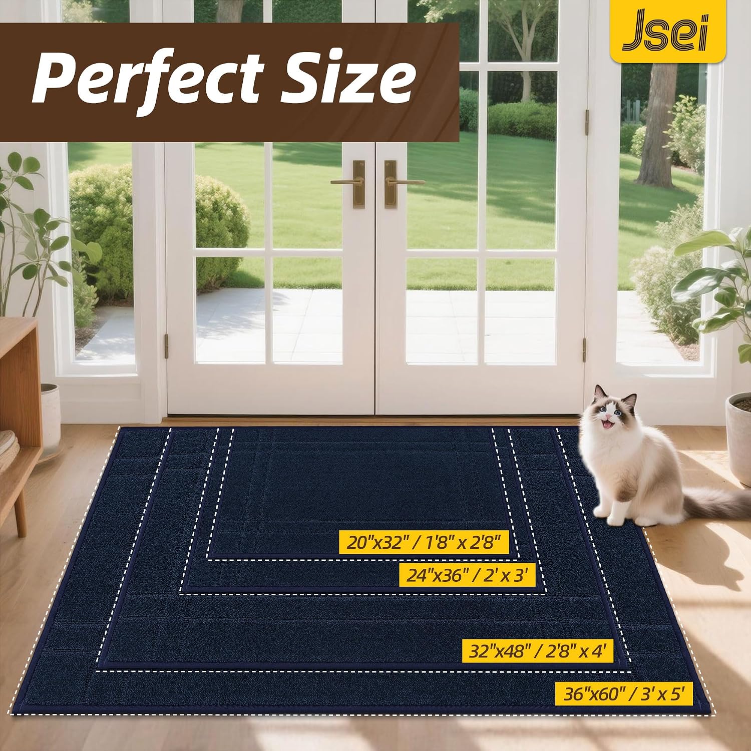 Thumbnail 1 de Tapis anti-salissures JSEI 60x90 cm bleu marine pour intérieur, antidérapant lavable en machine
