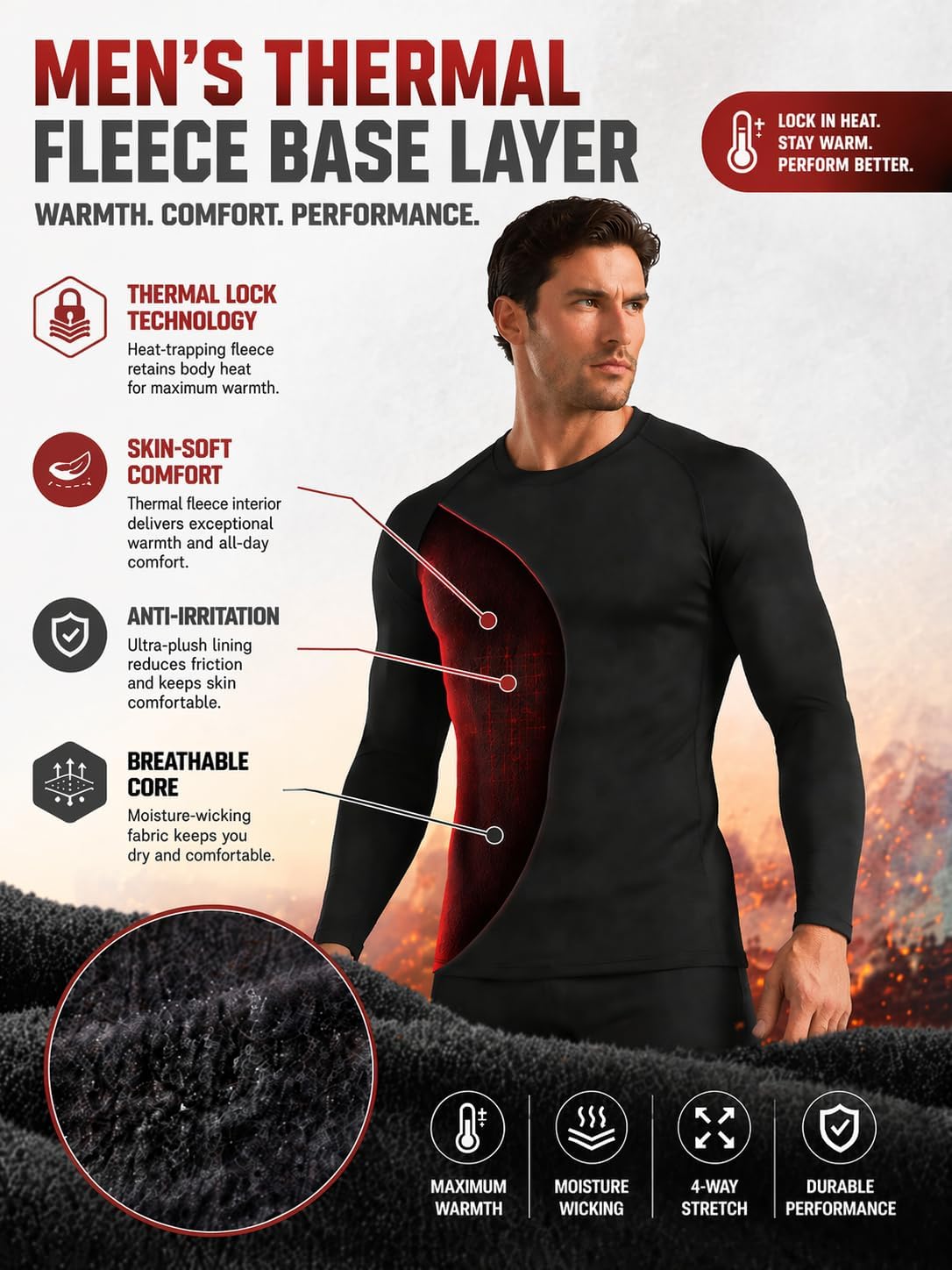 Detalle de TELALEO Men's Thermal Compression Shirt, Fleece-Lined Long Sleeve Base Layer