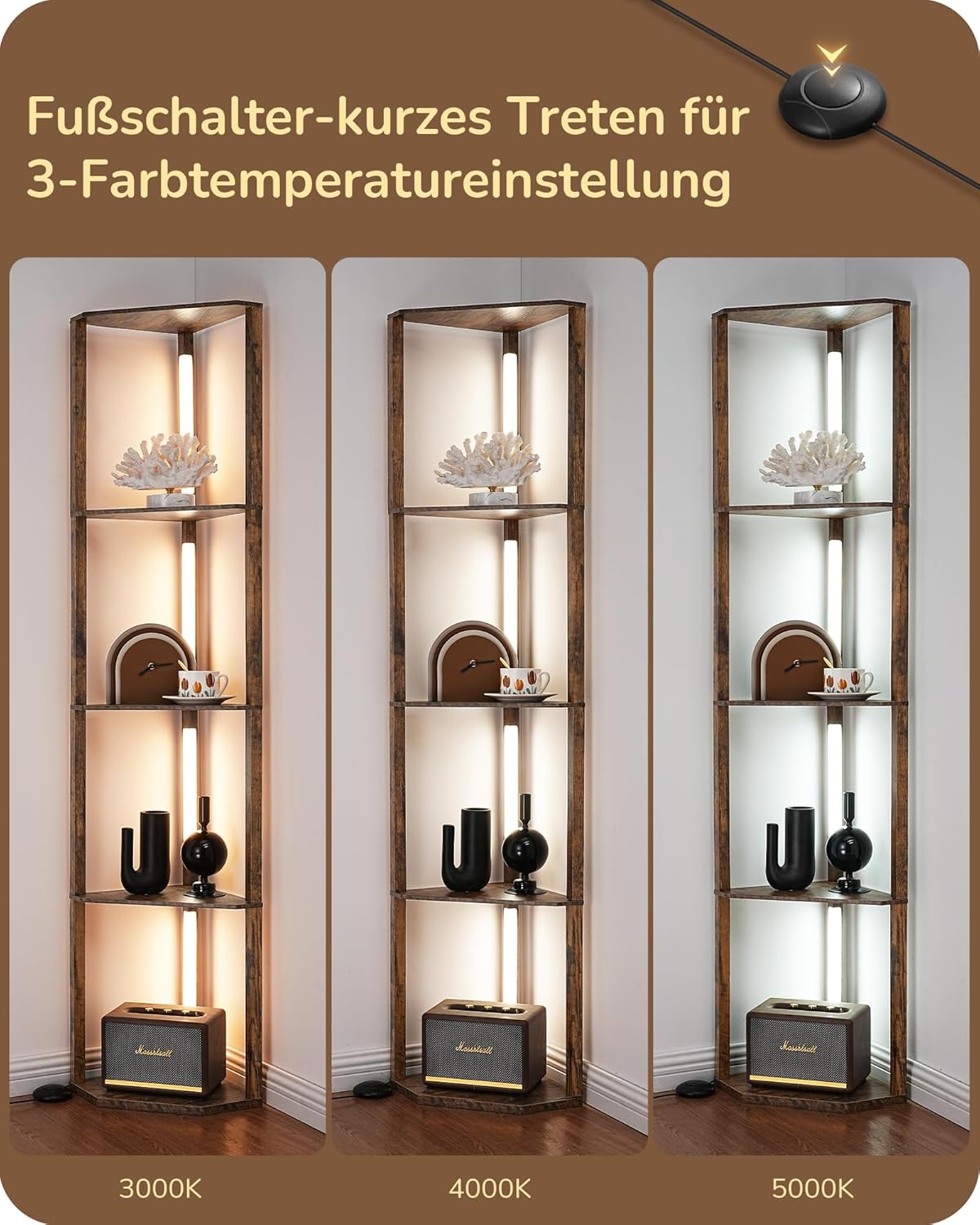 Thumbnail 2 de EDISHINE Stehlampe mit 4 Holz-Regal – LED-Dimmbar, 3-Farbtemperaturen, 360° Drehbarer Lichtmast, Fußschalter, Eckregal