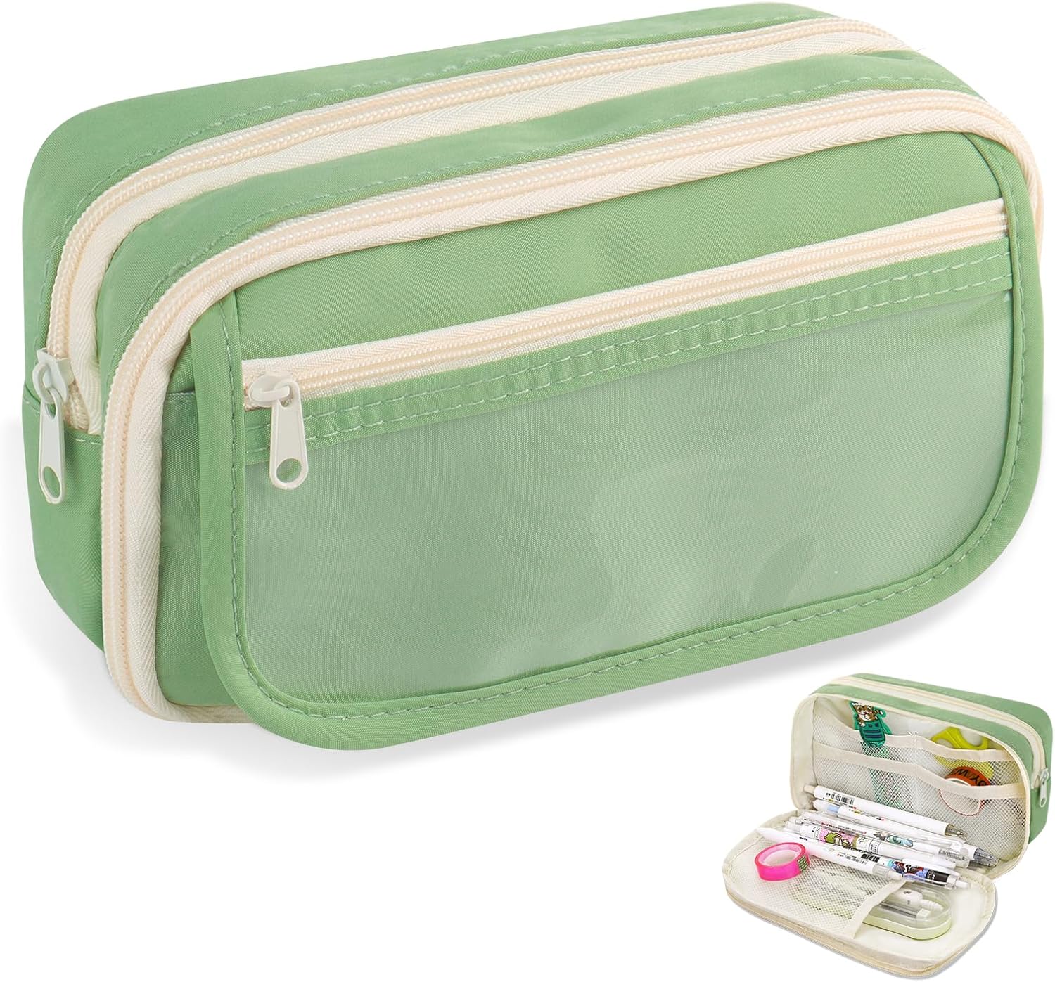 hoinya Pencil Case, Large Capacity 8-Compartment Green Pencil Case for School & Office
