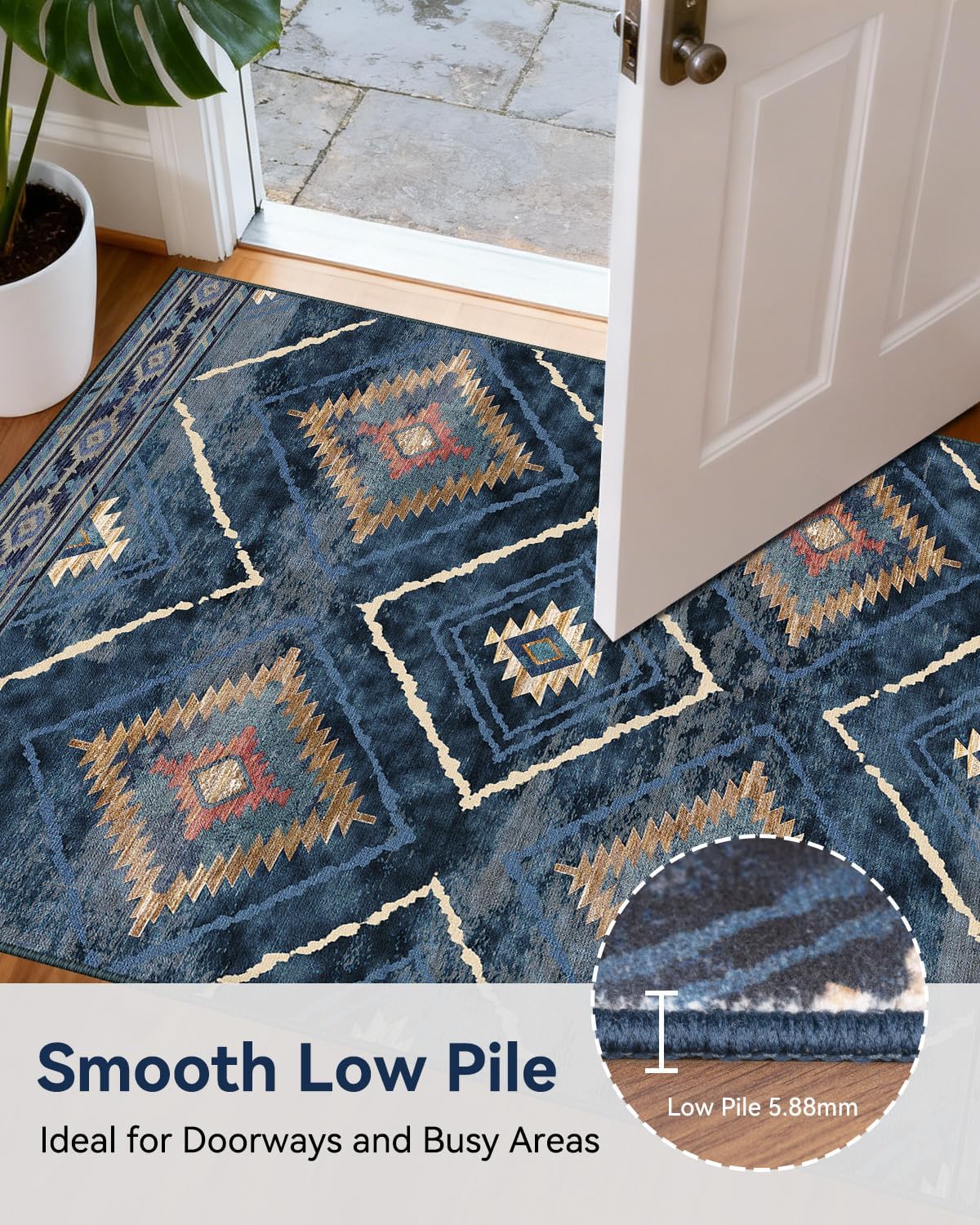 Thumbnail 3 de DEFYNEE Machine Washable Rugs 120x180 cm (Vintage Blue, Non-Slip Short Pile)