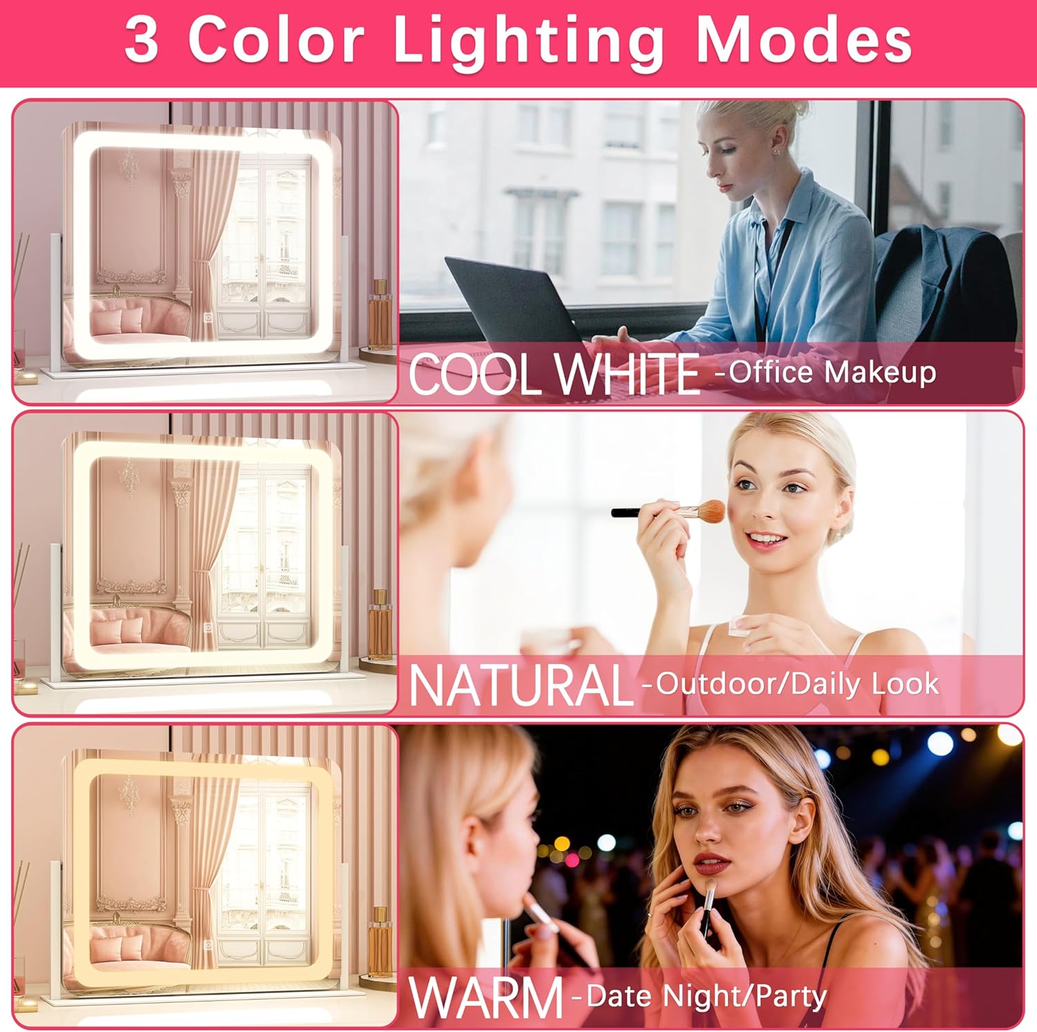 Detalle de ROLOVE 22x17 Inch Lighted Vanity Mirror with LED lights 🪞
