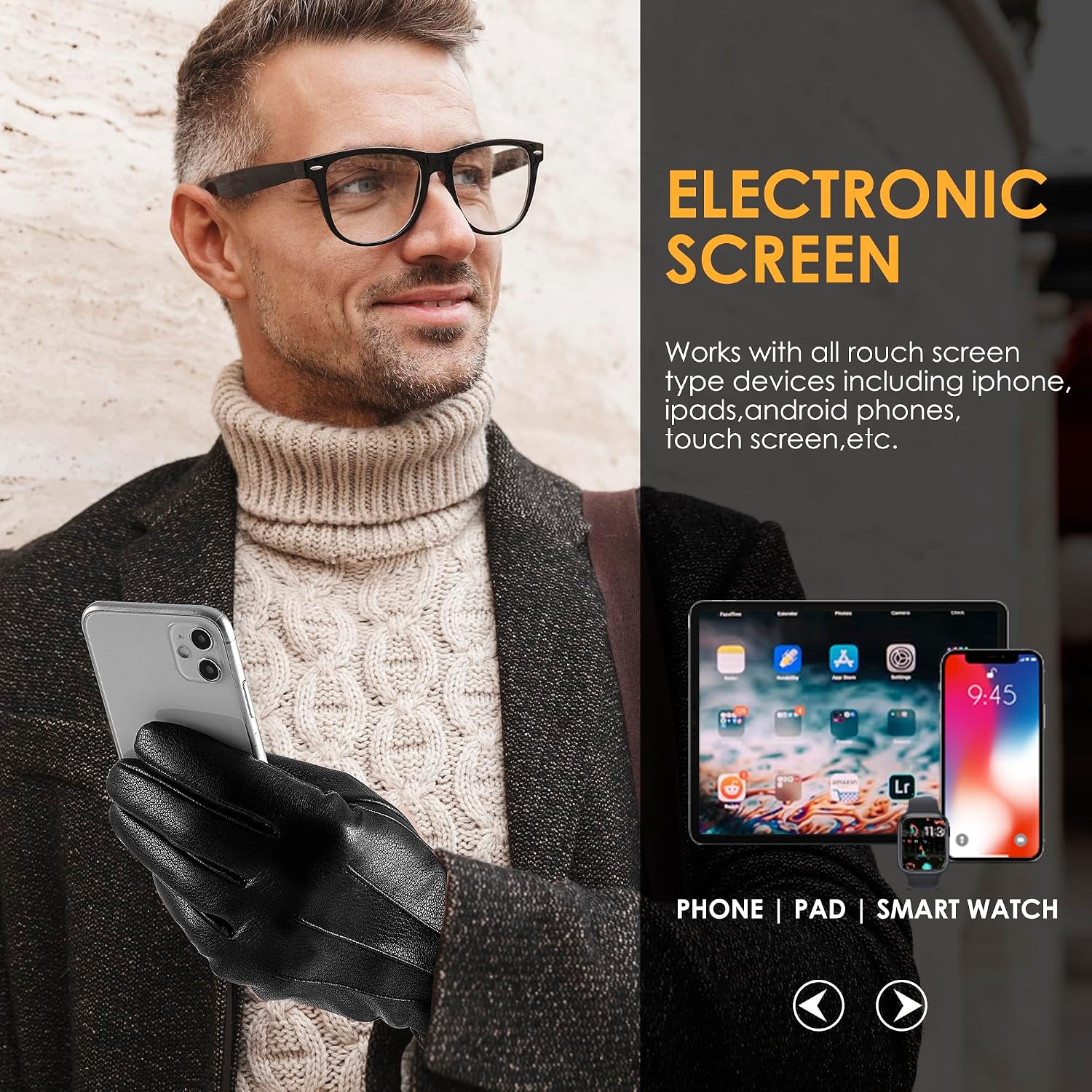 Detalle de Men’s Genuine Sheepskin Leather Gloves with Cashmere Lining and Touchscreen Use
