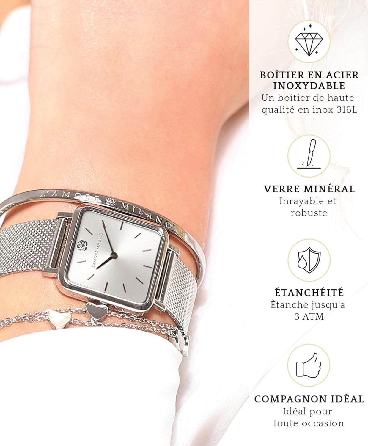 Thumbnail 3 de L'Amore Milano Montre Femme – Coffret Cadeau Rose Éternelle, design carré en inox