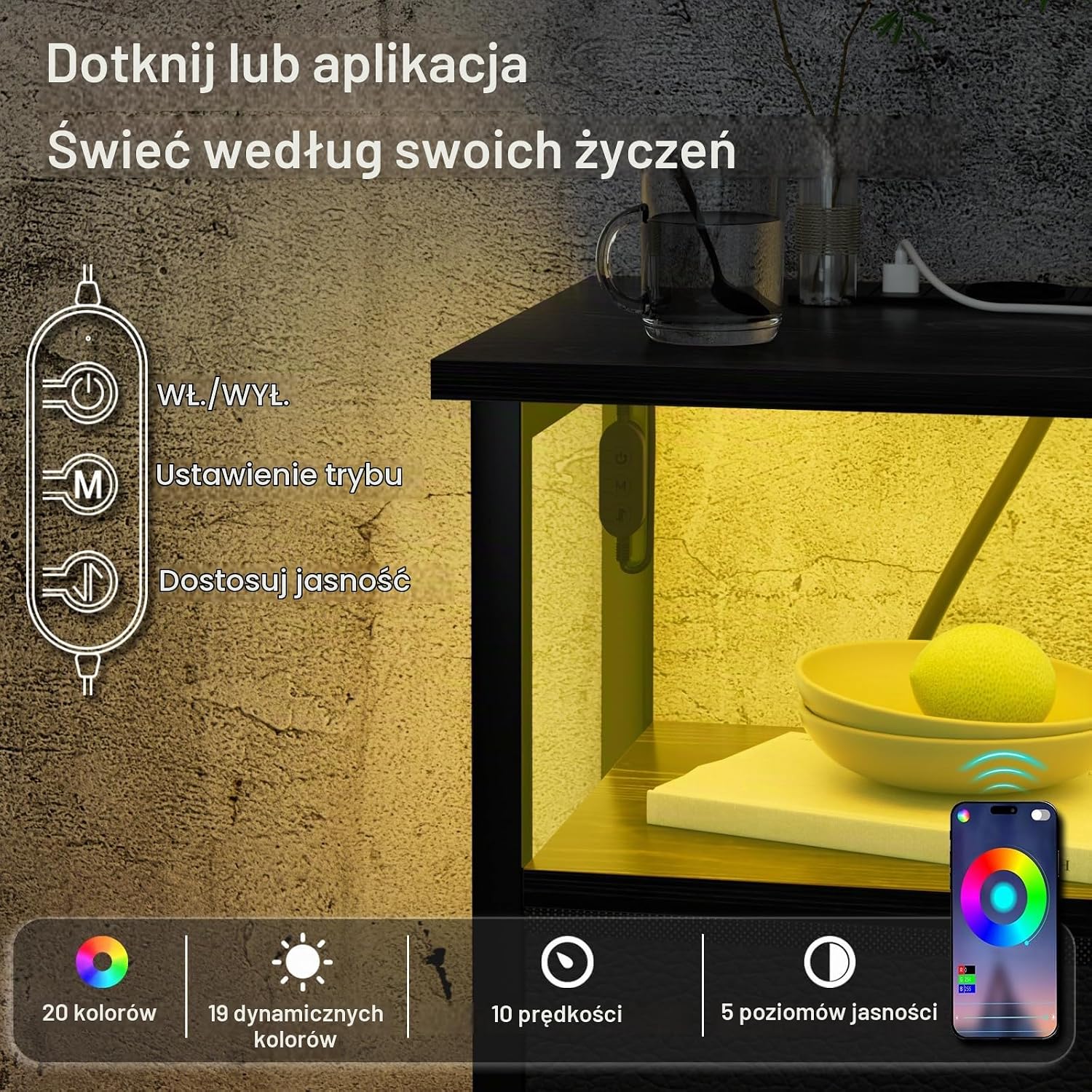 Thumbnail 6 de AMHANCIBLE EHETS02BK-1 – czarny stolik nocny z LED, gniazdami i 2 szufladami