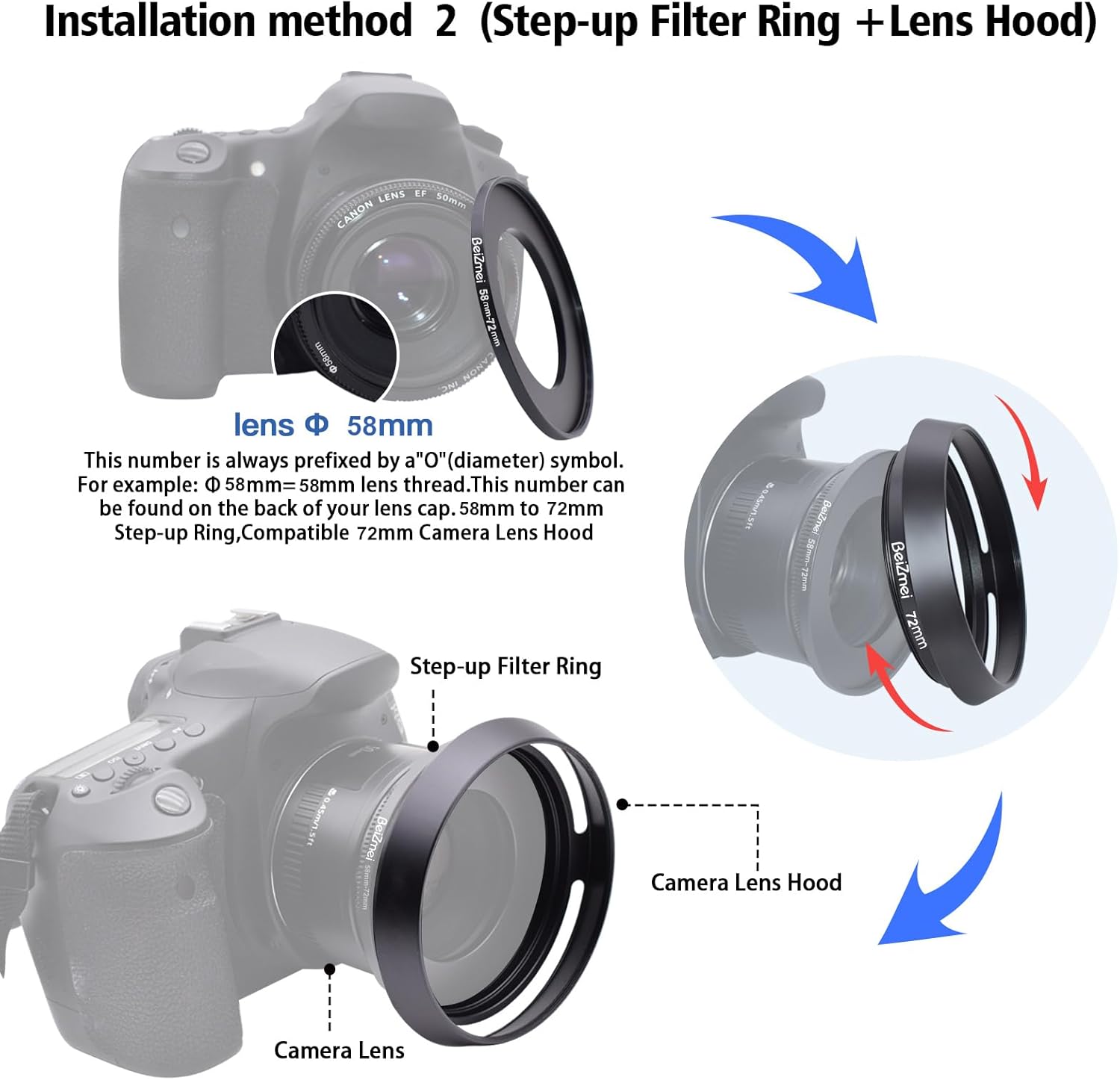 Detalle de BEIZMEI 72mm Camera Lens Hood with 72mm Lens Cap – CNC metal hood for Ø72mm filter-thread lenses