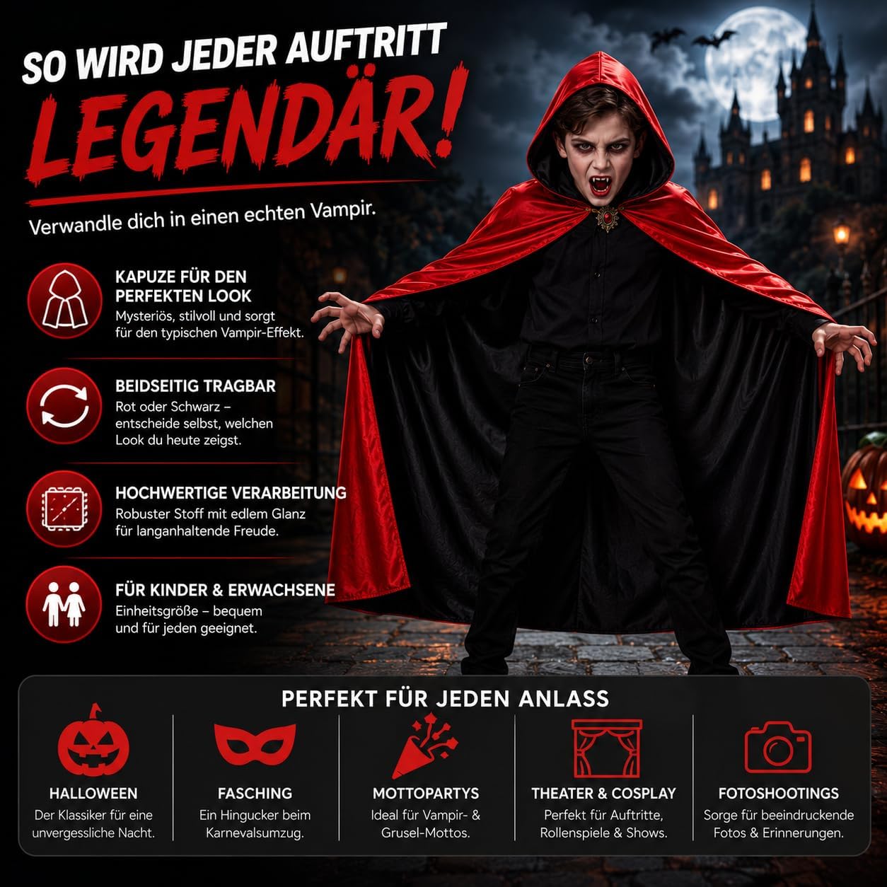 Detalle 2 de Vampyrdräkt med huva – lång mantel med knytband för Halloween och maskerad