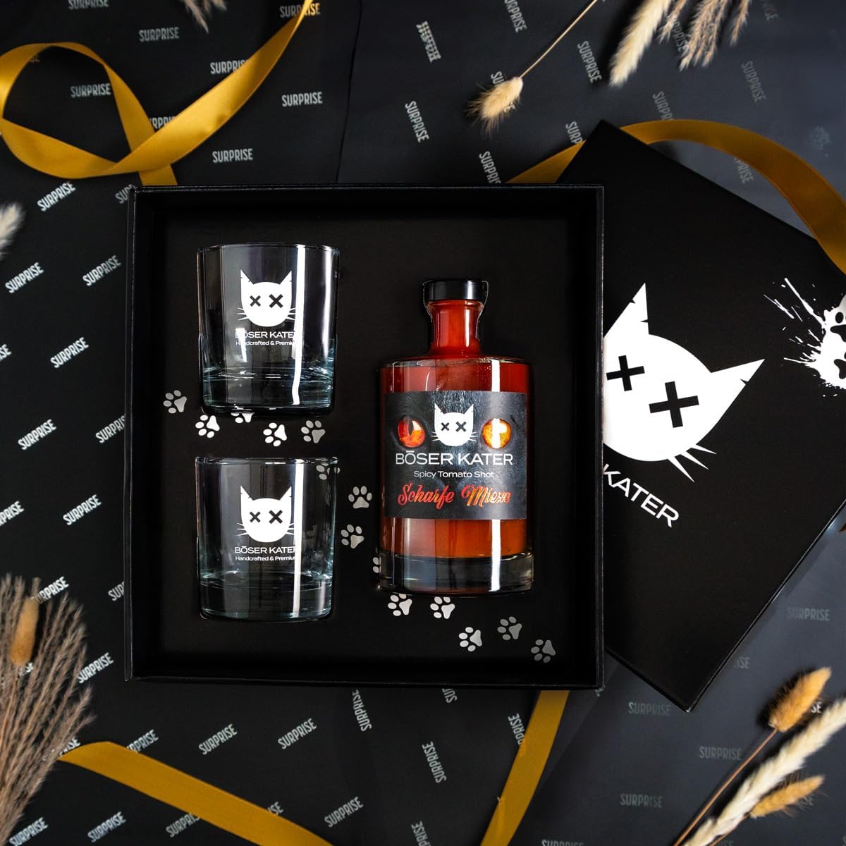 Detalle 2 de BÖSER KATER Scharfe Mieze Geschenkset – 2 Gläser, Tomaten-Shot, 0,5 l, 12,5% Vol