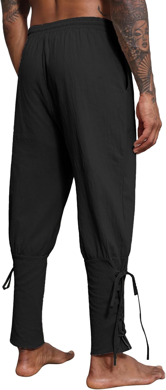 Thumbnail 1 de YAOBAOLE Leinenhose Herren – Mittelalter Wikinger Renaissance Piratenhose lang, locker mit elastischem Bund und verstellbarer Kordel