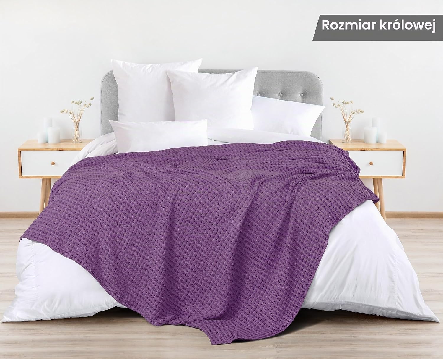 Detalle de Utopia Bedding – bawełniany koc waflowy 300 GSM, śliwkowy, 228 × 228 cm