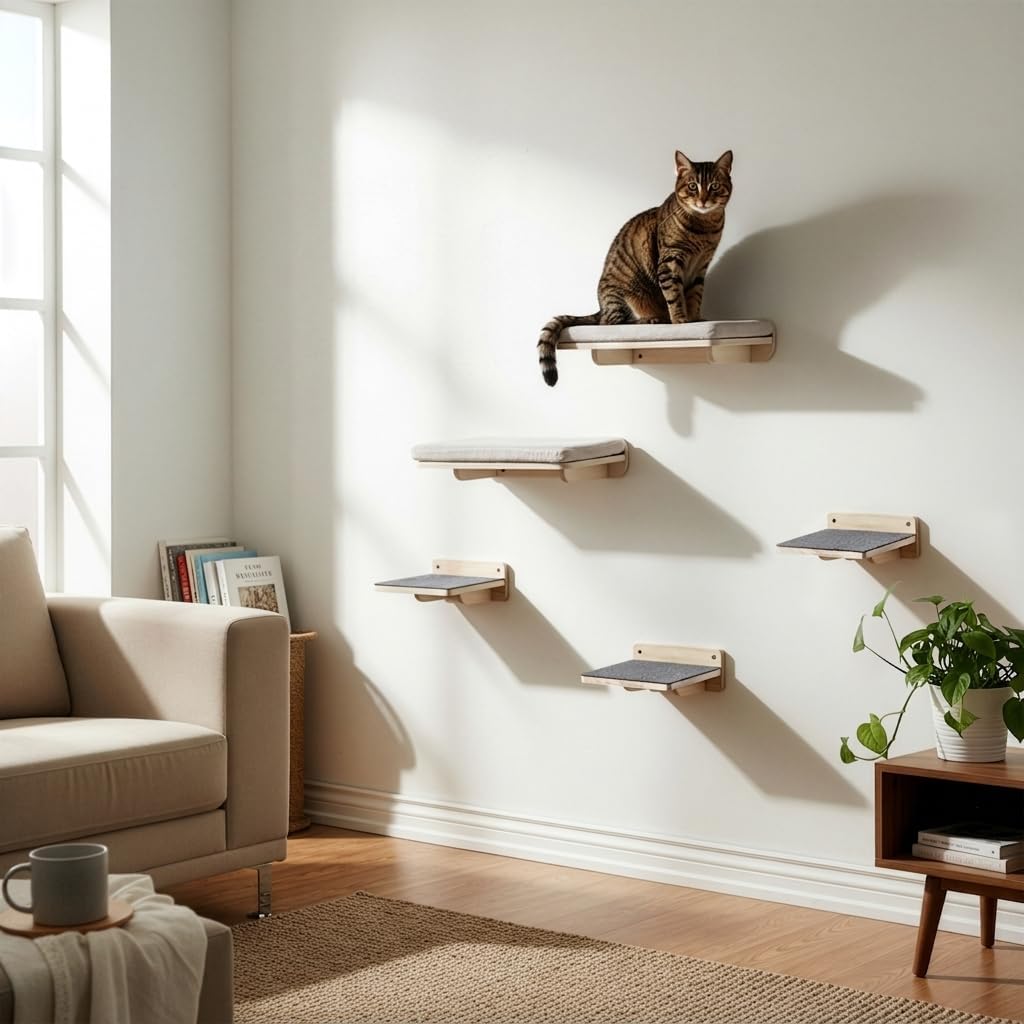 Detalle de WOOWOOD® 2X Kletterwand Katzen – 5-teiliges Set für Wandmontage, stabile Kratzbaum-Wand mit Katzenliege und Treppen (bis 35 kg)