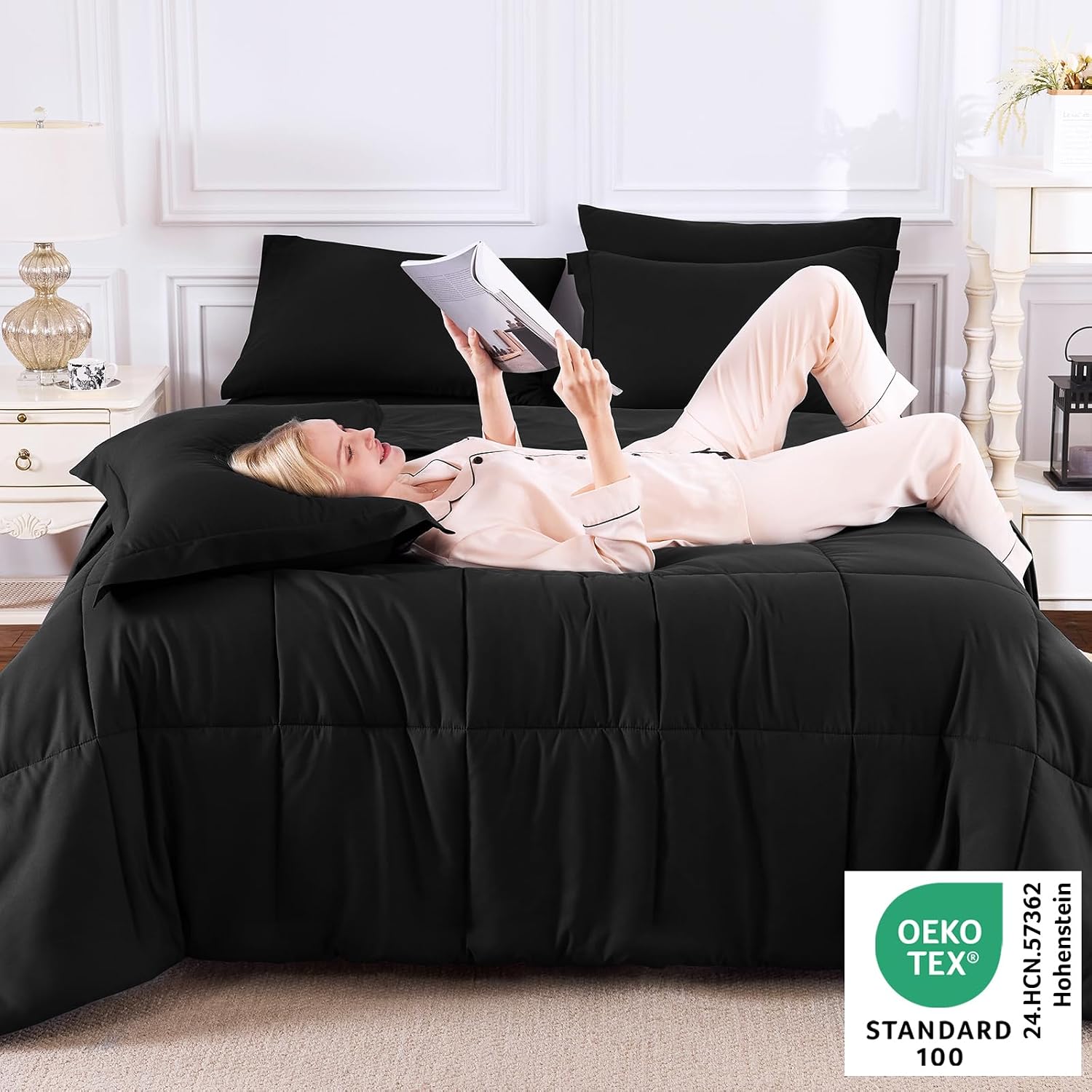 Detalle de CozyLux Twin XL Comforter Set Black – 5 Pieces, All-Season Down Alternative Bedding in a Bag