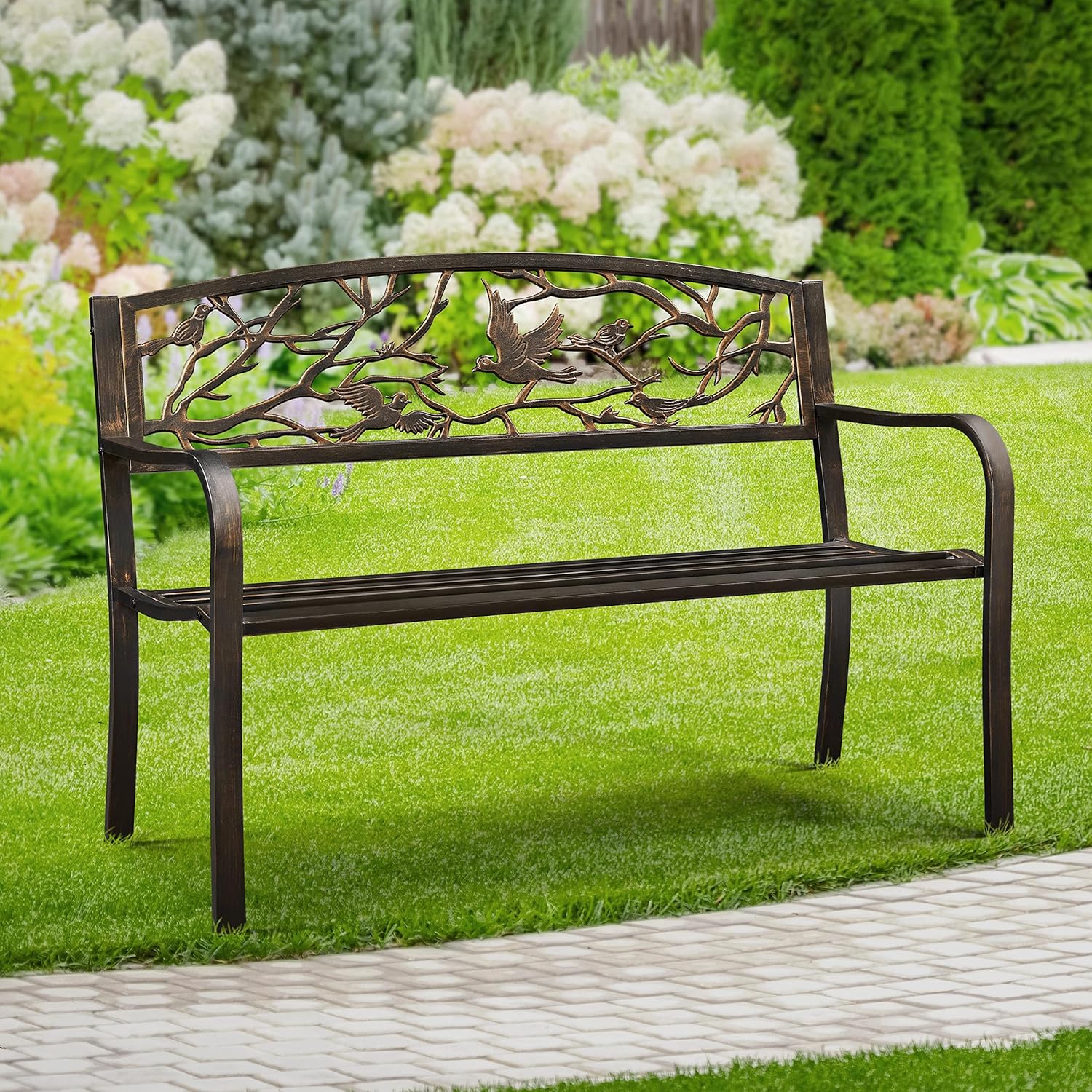 Thumbnail 1 de Yaheetech Panca da Giardino in Ferro 127 cm: stile chic e robustezza con braccioli e schienale decorato