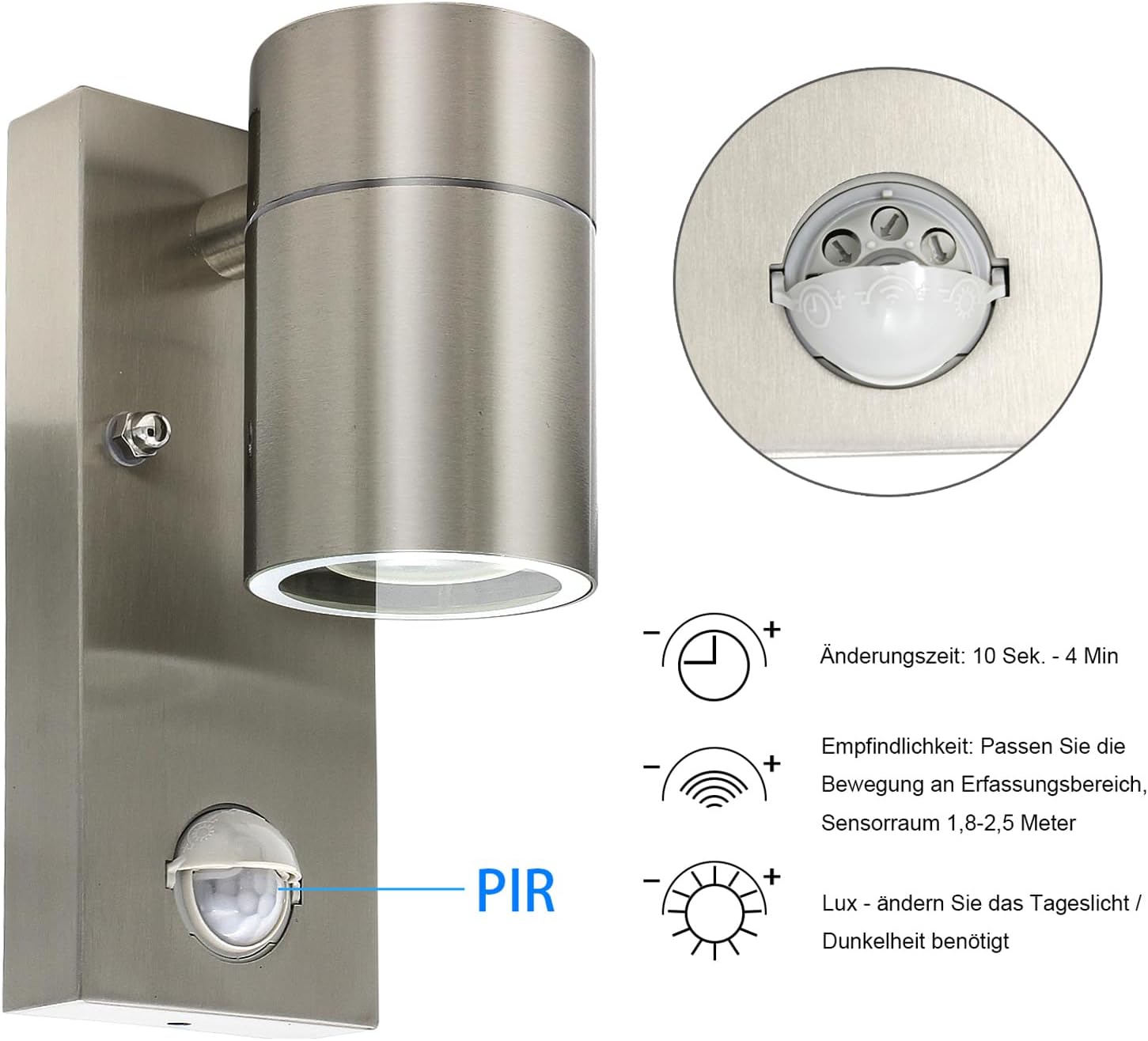 Detalle de HiBay 1x Motion Sensor Outdoor Wall Light (PIR) – IP44 stainless steel security lighting with GU10 LED