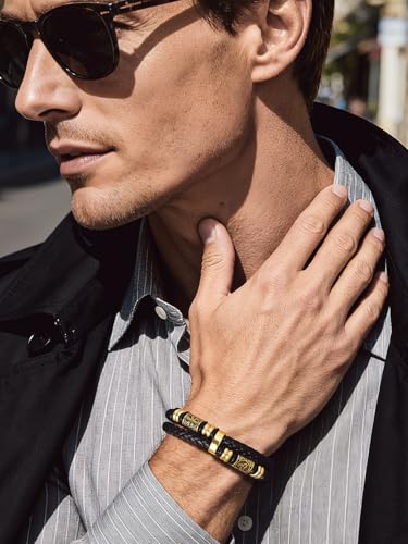 Detalle de Bandmax Pulsera Viking de Cuero Trenzado para Hombre 23 cm con Doble Capa, Cuentas de Acero Inoxidable y Cierre Magnético
