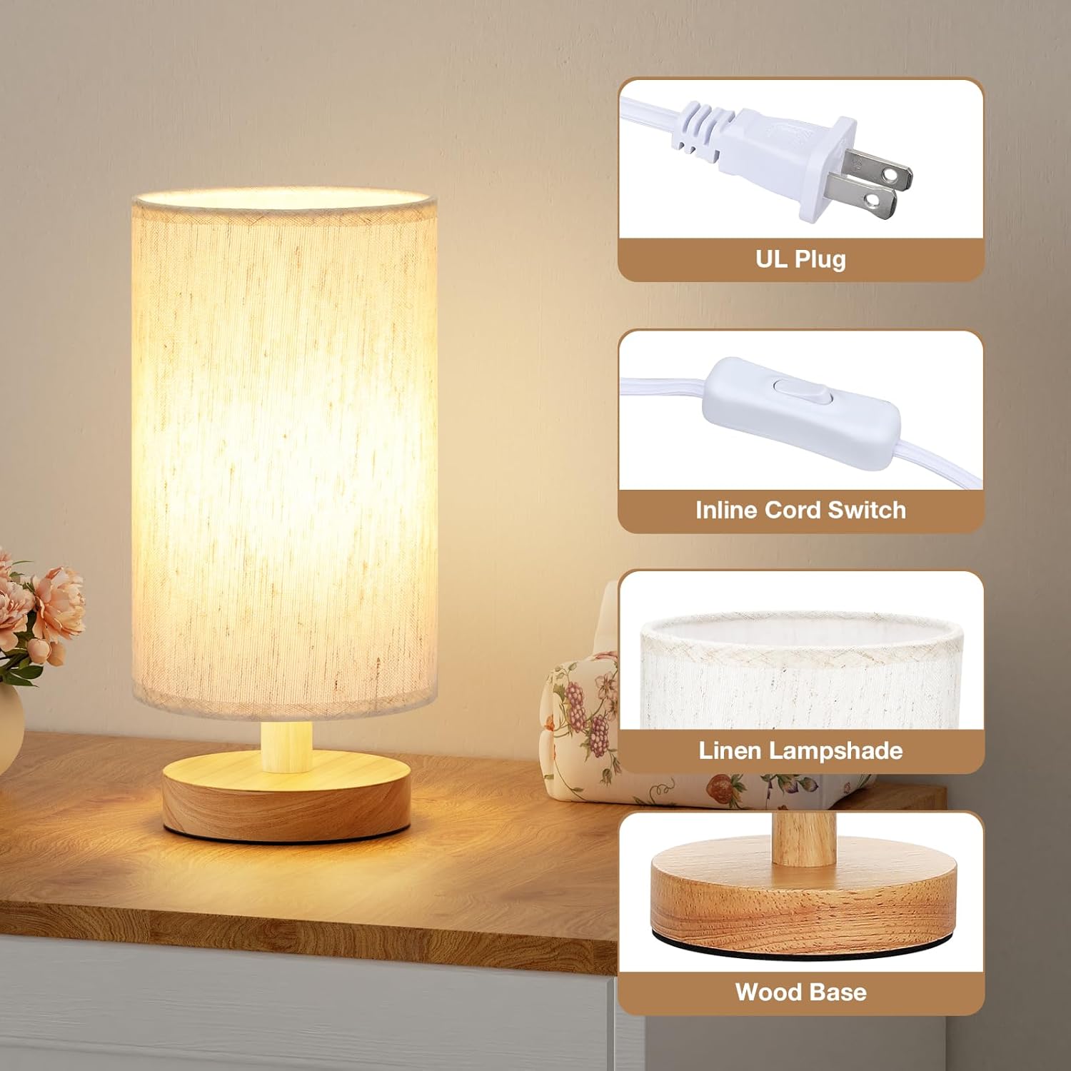Detalle 2 de Fenmzee yuan20-1 9-Inch Table Lamp with Linen Shade and 3000K LED Bulb