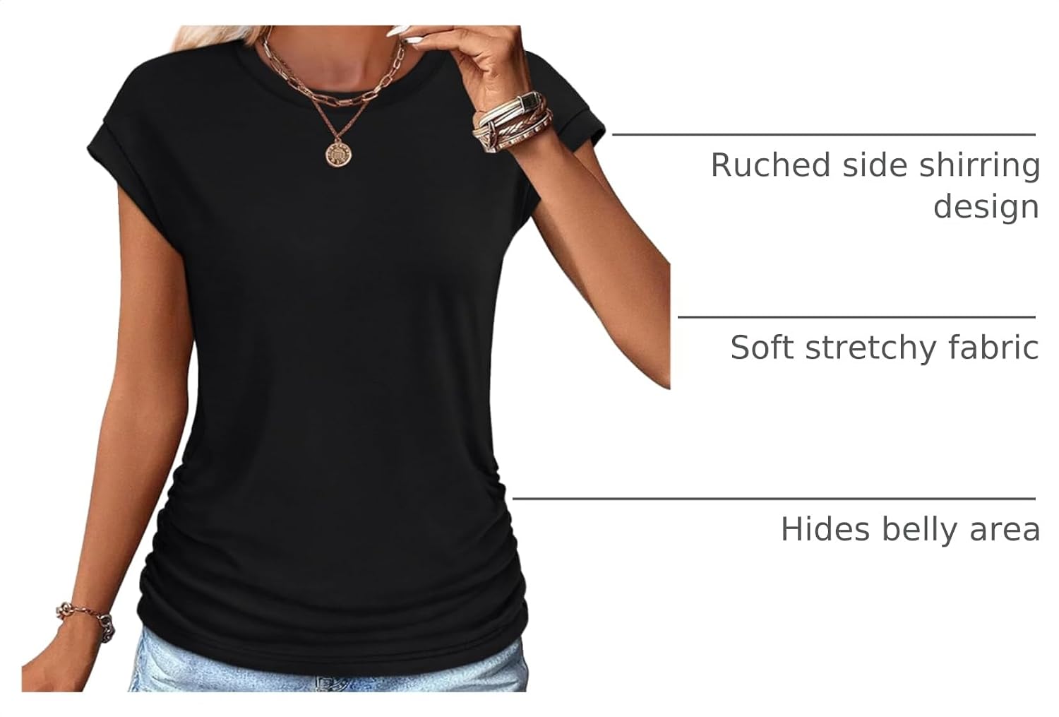 Detalle 2 de SAMPEEL Ruched Cap Sleeve Crew Neck T-Shirts for Women (Summer 2025)