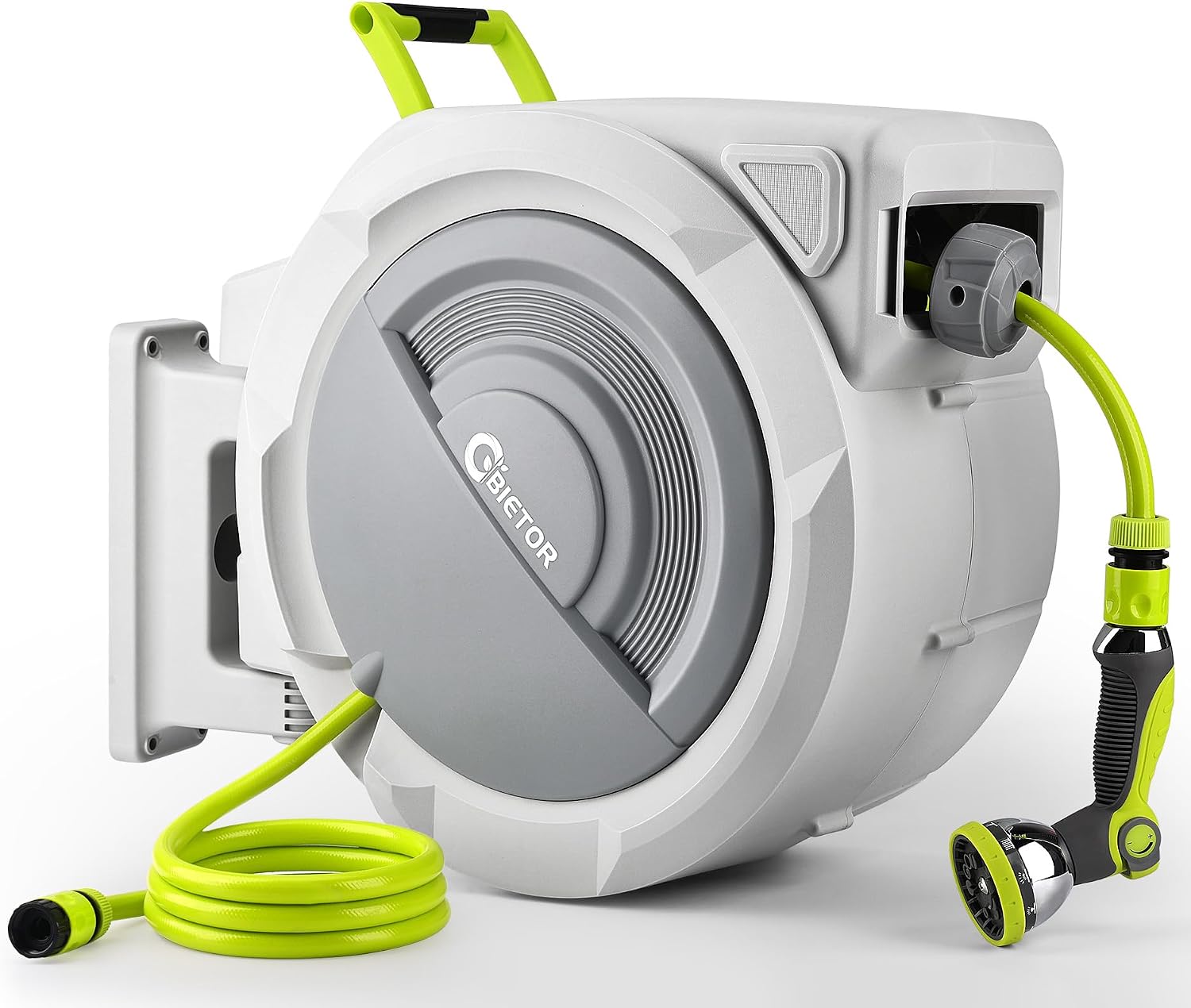 Detalle de Bietor Retractable Garden Hose Reel with 45m Main Hose + 2m Lead, UV-Resistant Wall Mount, 10-Pattern Nozzle, 180° Swivel, Slow Return
