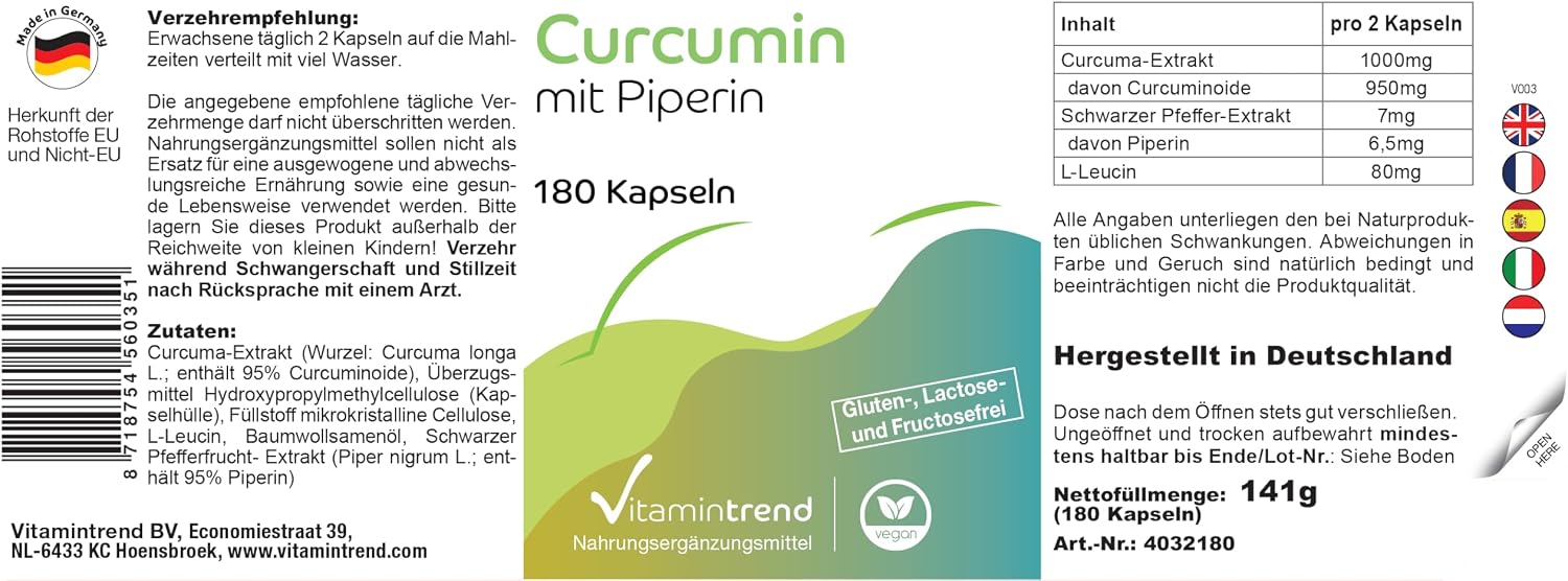 Detalle de Vitamintrend Curcumin mit Piperin – hochdosierte 180 Kapseln, vegan, aus Deutschland hergestellt