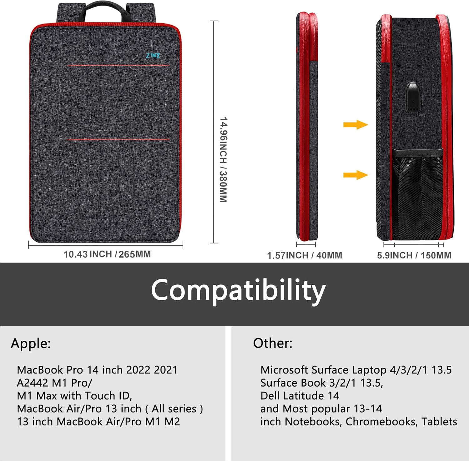 Detalle 2 de ZINZ Slim & Expandable Laptop Backpack Water Resistant